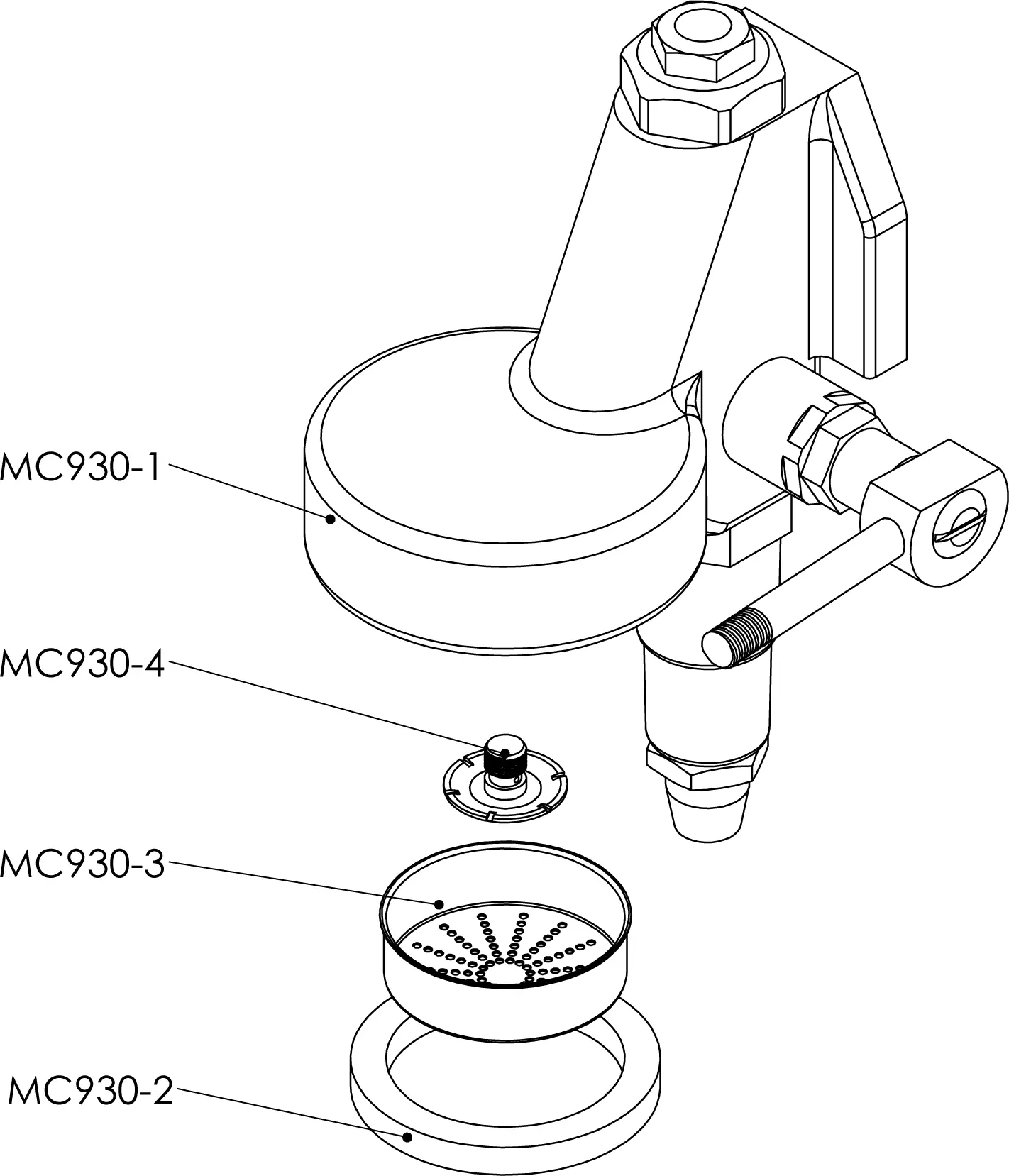 Exploded parts diagram of a mechanical component for the Lelit PL62T Mara PID, labeled with MC930-1 (main body), MC930-4 (small cap), MC930-3 (perforated disc), and MC930-2 (circular ring) arranged in assembly order.