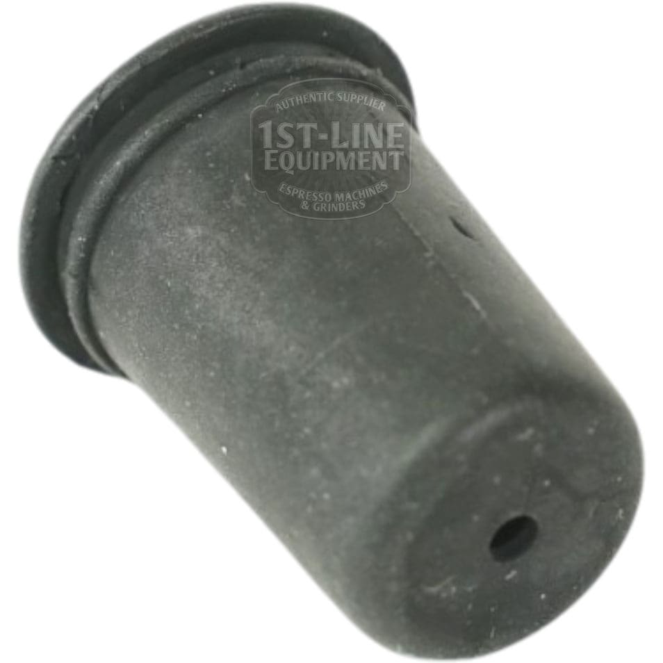 The Lelit 3700075B Water Tank Guide Cup - Black is a rubber plug with a small central hole, displayed at an angle on a white background with a 1st-Line Equipment watermark. © 2025 1st-line.com