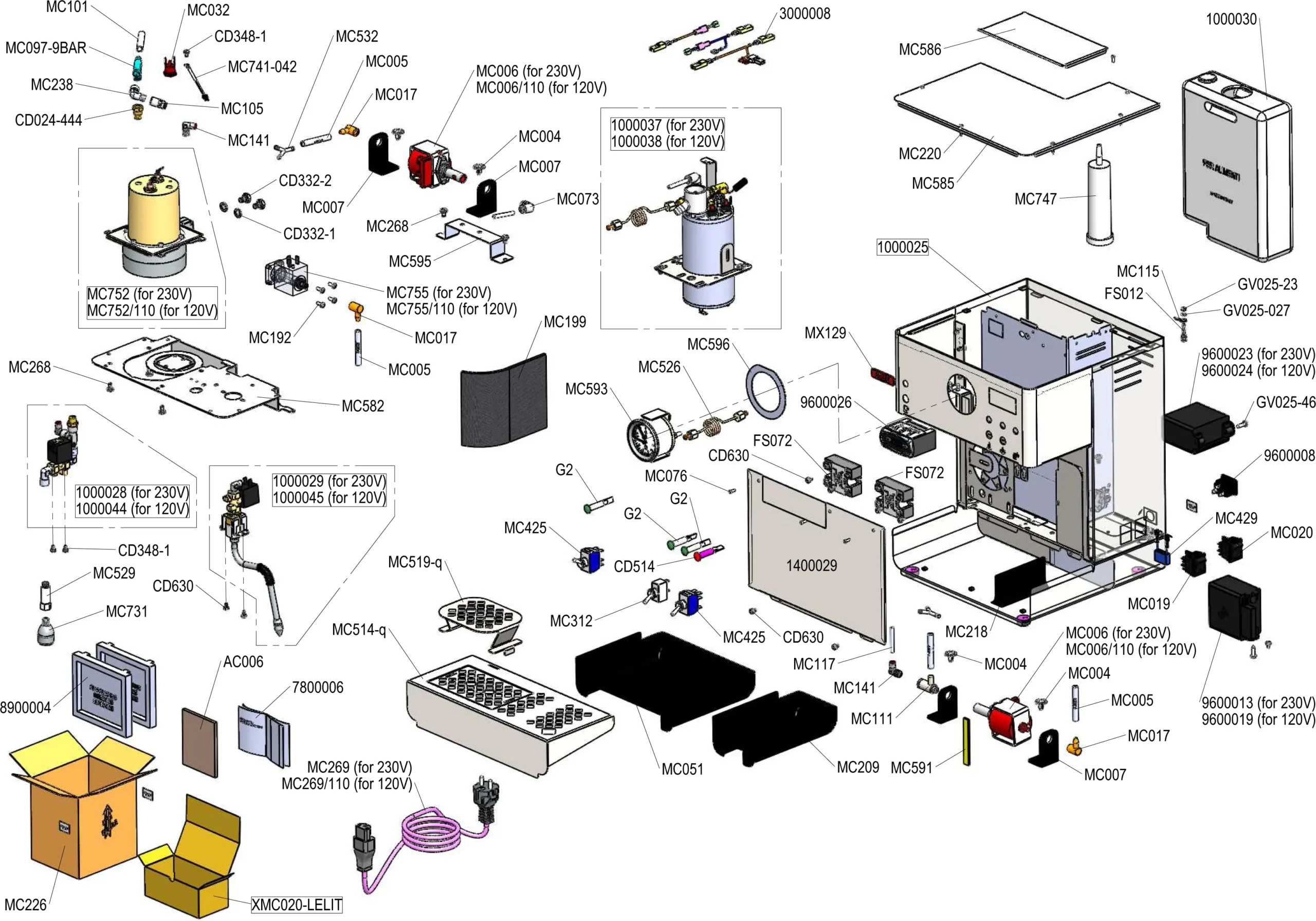 Exploded parts diagram showing labeled components of the Lelit PL60PLUSTD, including switches, circuitry, casing, screws, wires, and packaging boxes, with item codes and assembly references for easy identification—ideal for Diana. 2025 1st-line.com