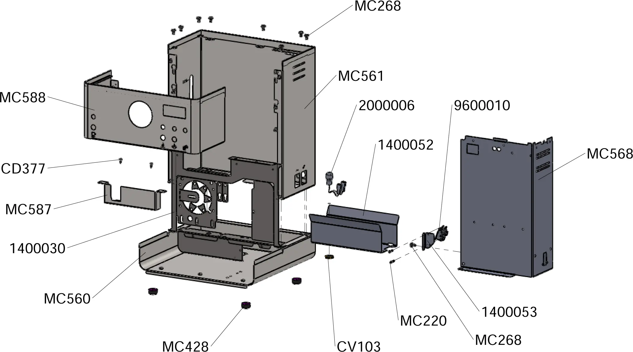 Exploded parts diagram of a metal equipment enclosure, such as the Lelit PL60PLUSTD, with labeled components—panels, screws, a fan, brackets, and trays. Each part is identified with alphanumeric codes and assembly positions. 2025 1st-line.com