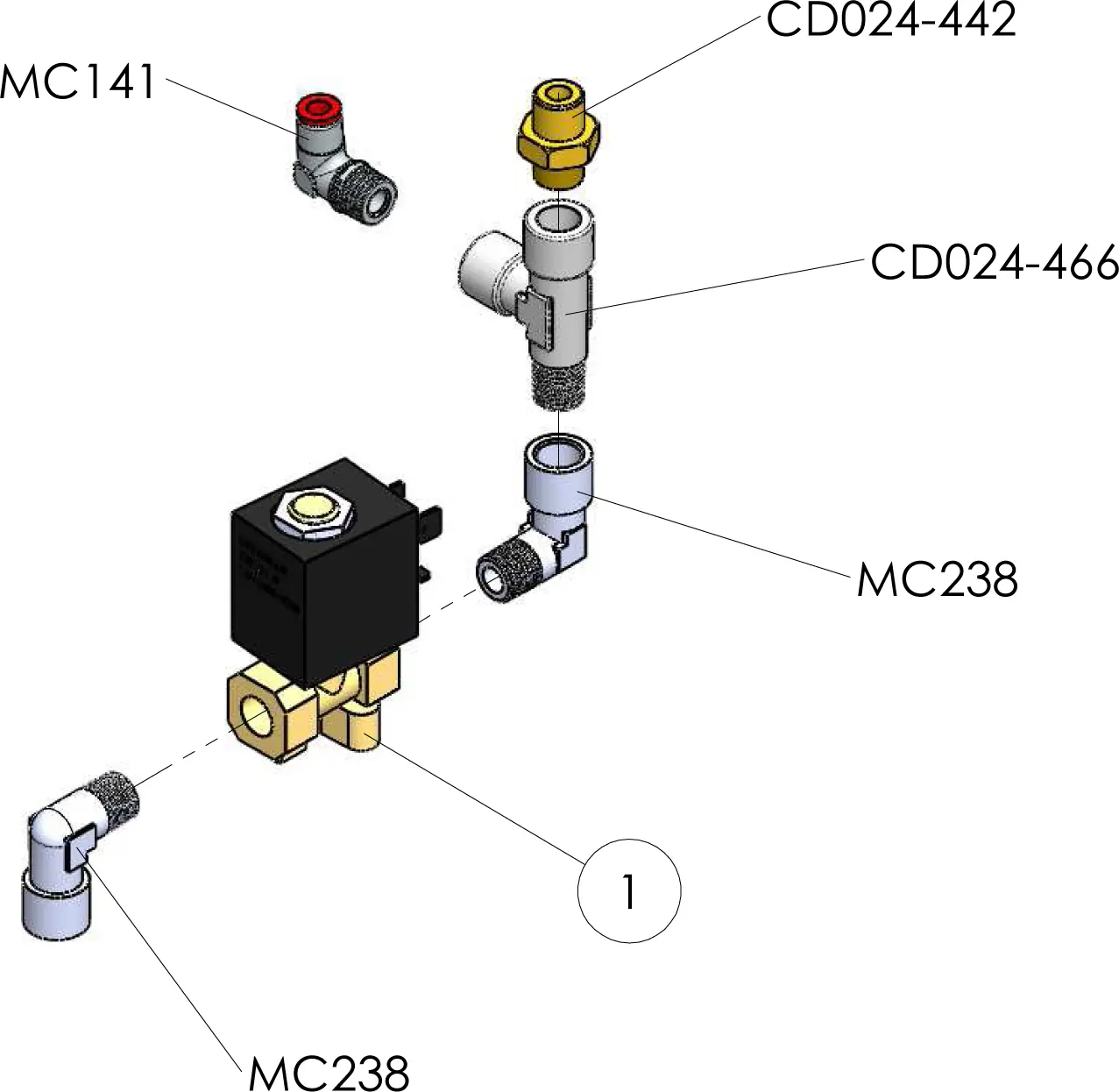 Exploded Parts Diagram of Lelit PL60PLUSTD Diana: valve components labeled MC141, CD024-442, CD024-466, and MC238 with arrows; central rectangular black and brass solenoid valve featured in the assembly. 2025 1st-line.com