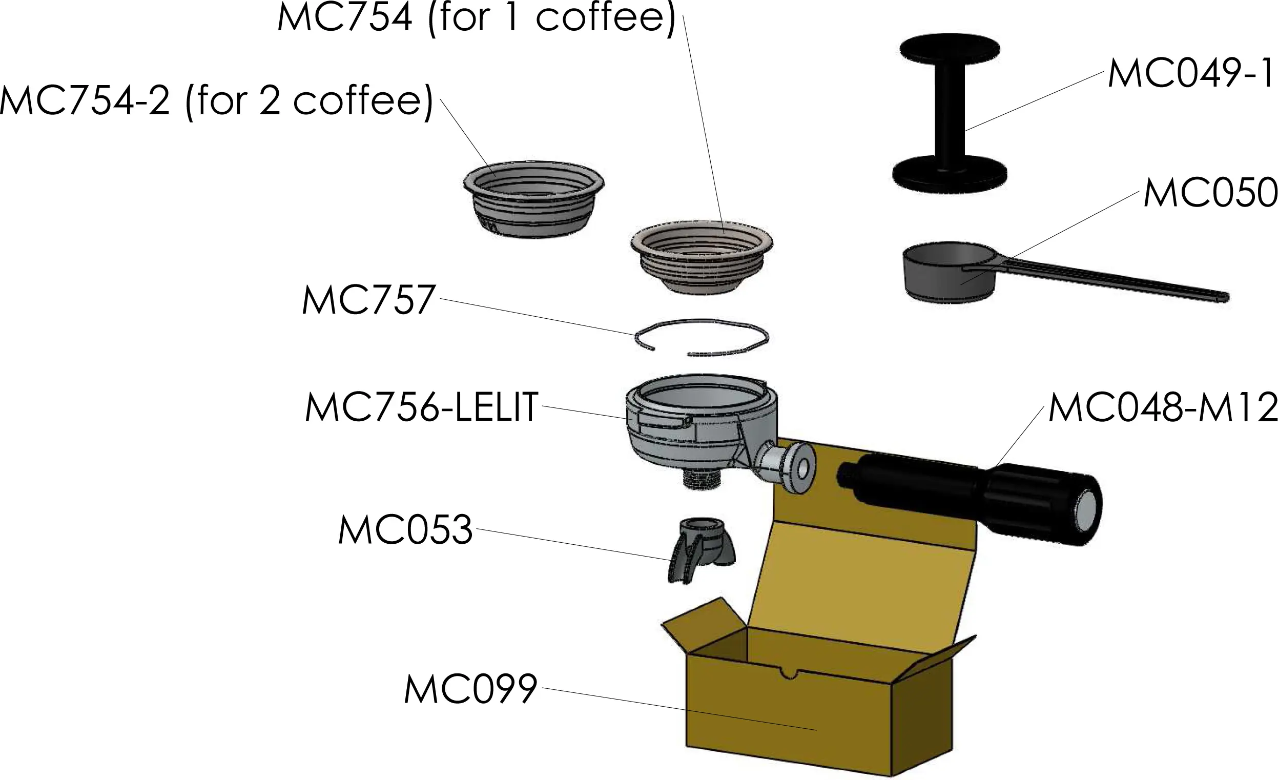 Lelit PL60PLUSTD Diana Parts Diagram: Labeled diagram of espresso machine parts, including a portafilter, filter baskets, tamper, dosing spoon, spout, spring, and packaging box, each with corresponding part numbers. 2025 1st-line.com