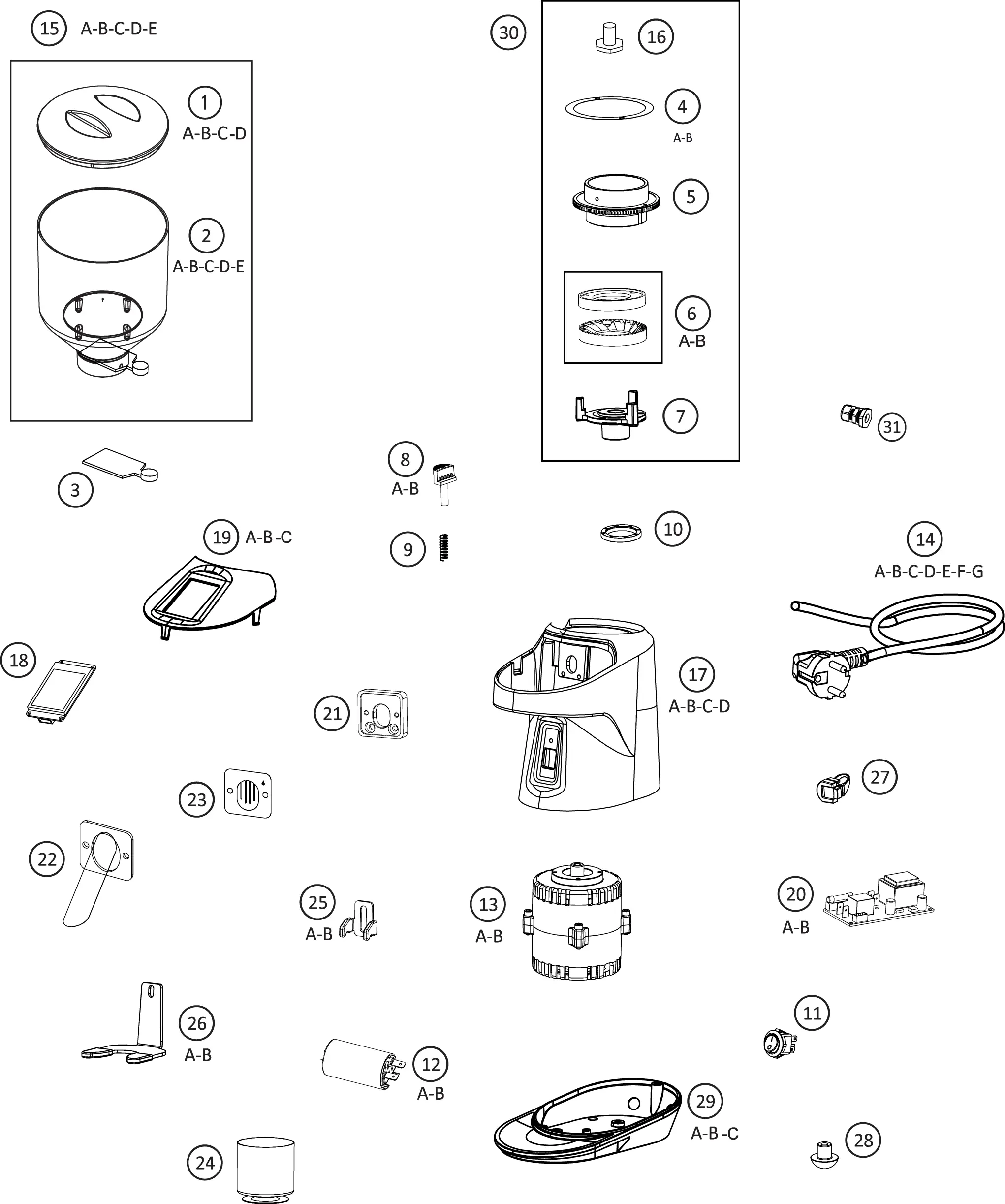 Assembly Parts Diagram showing labeled parts of the Nemo QE device, including a base unit, lid, cord, screws, switches, containers, gaskets, and various small components&mdash;all numbered and grouped for reference.