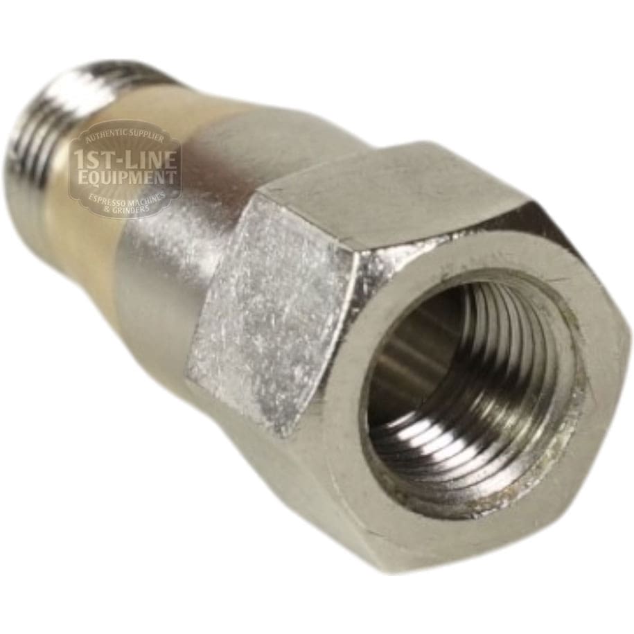 A close-up of a metal hexagonal adapter with threaded ends, such as the ACS VOS0184 Cylindrical Extension for Vostok Grouphead, used to connect components in plumbing or mechanical systems. © 2025 1st-line.com