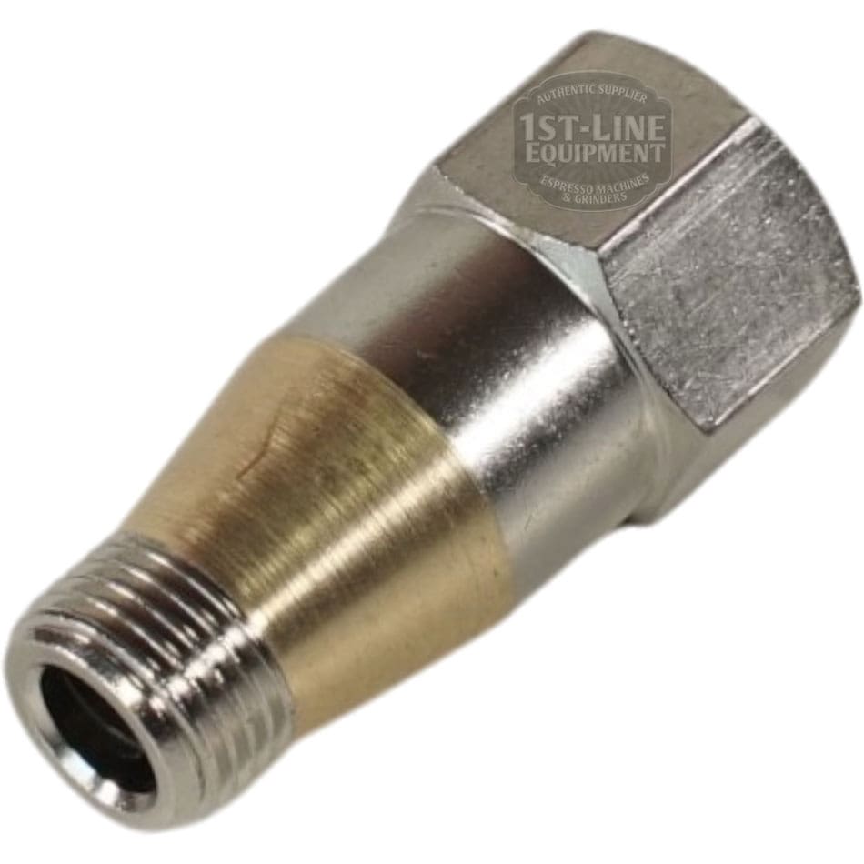 A close-up of the ACS VOS0184 Cylindrical Extension, a metallic nozzle adapter featuring a hexagonal fitting and threaded tip, designed for use with Vostok Grouphead assemblies or similar espresso machines. © 2025 1st-line.com