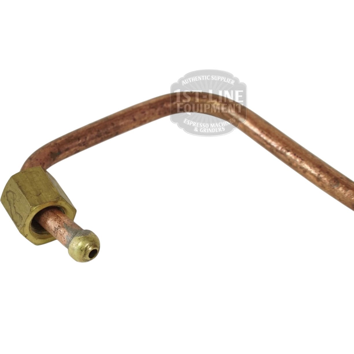 A close-up of the Lelit 2100023 Bianca Coffee Boiler Charge Tube, featuring a bent copper tube with a brass fitting on one end, shown against a white background. © 2025 1st-line.com