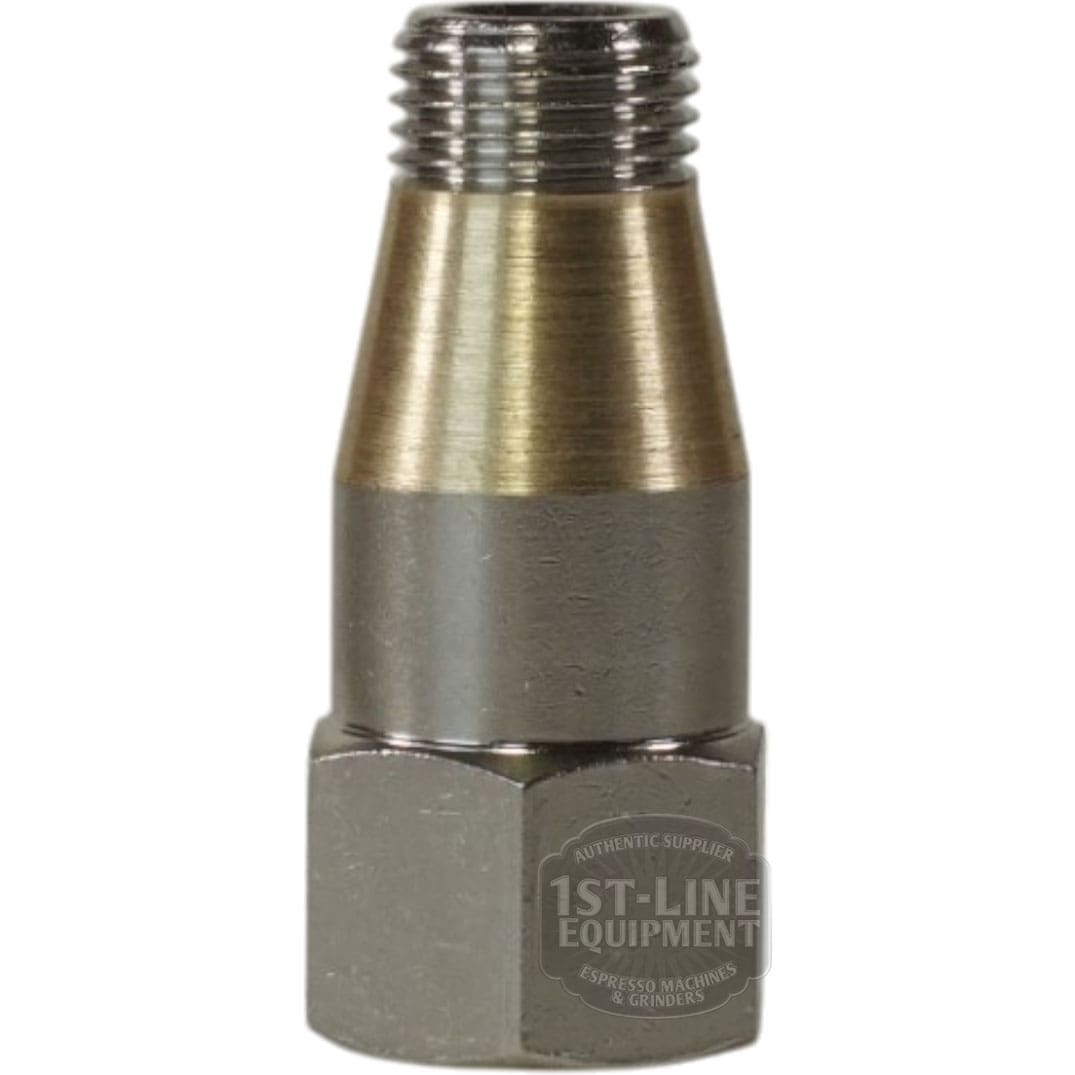 A metal fitting with a hexagonal base and threaded top, ideal as a connector or adapter in plumbing or machinery, featuring a brushed metallic finish—perfect for use with the ACS VOS0184 Cylindrical Extension for Vostok Grouphead. © 2025 1st-line.com