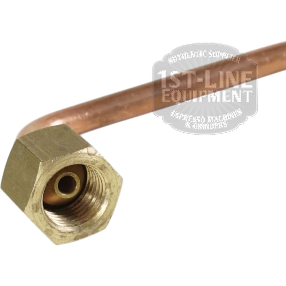 Close-up of a Bezzera 5162203.02LL Pressurestat Pipe for BZ07, featuring a hexagonal brass fitting bent at a right angle with internal threading for easy connection, set against a white background. © 2025 1st-line.com