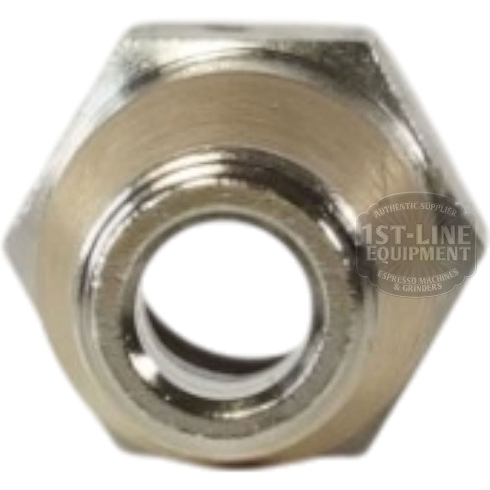 Close-up of an ACS VOS0184 Cylindrical Extension for Vostok Grouphead, featuring a hexagonal metal nut with a circular threaded center and slight metallic reflections, set against a white background. © 2025 1st-line.com