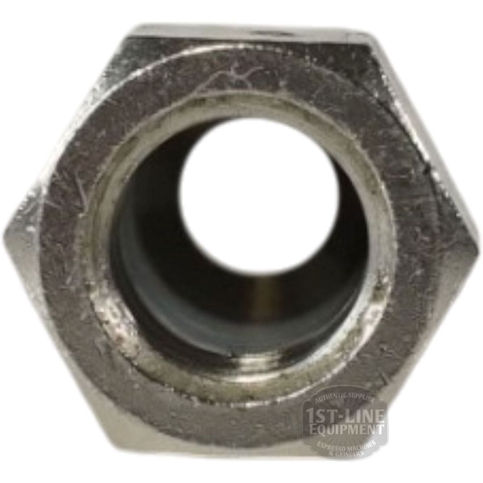 Close-up of the ACS VOS0184 Cylindrical Extension for Vostok Grouphead, featuring a shiny metallic finish and slight wear, with a central circular threaded hole viewed from the front. © 2025 1st-line.com