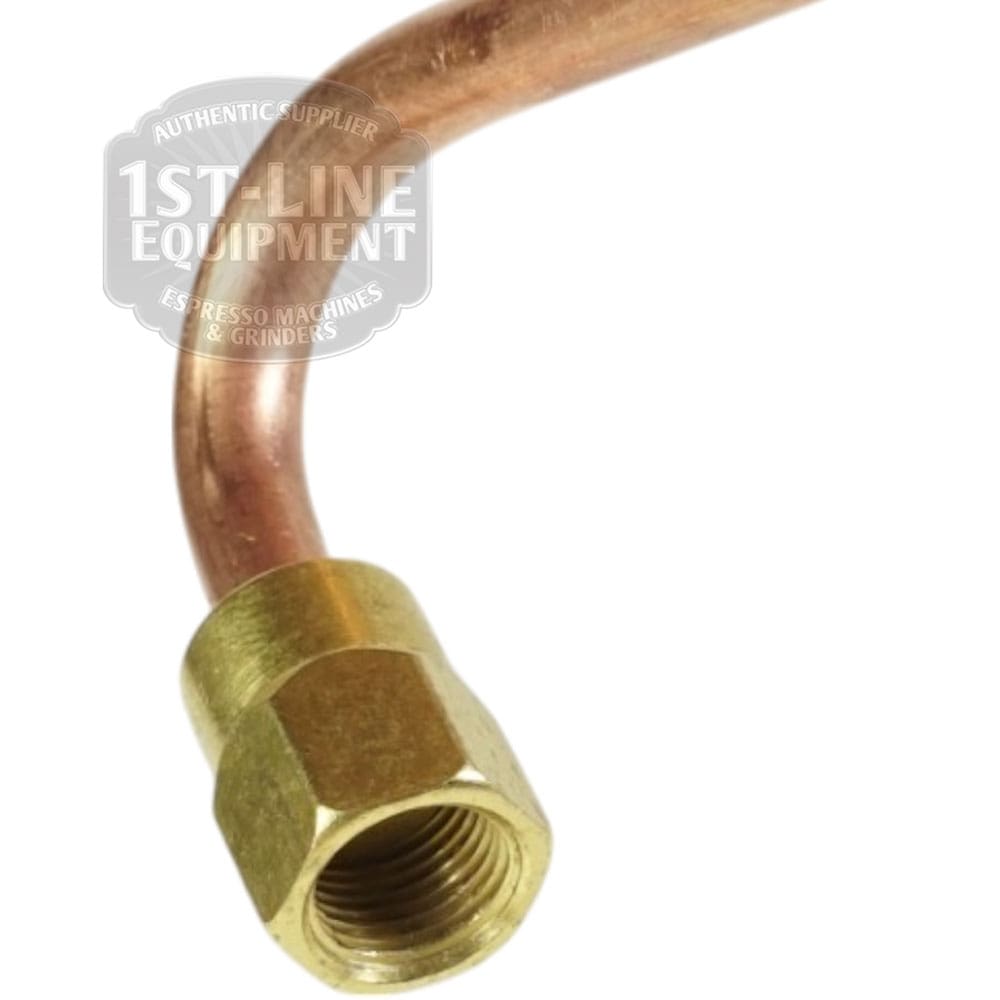 Close-up of the Bezzera 5162203.02LL Pressurestat Pipe for BZ07, featuring a curved copper pipe with brass hexagonal fitting, against a white background. A semi-transparent 1st Line Equipment logo appears partially visible. © 2025 1st-line.com