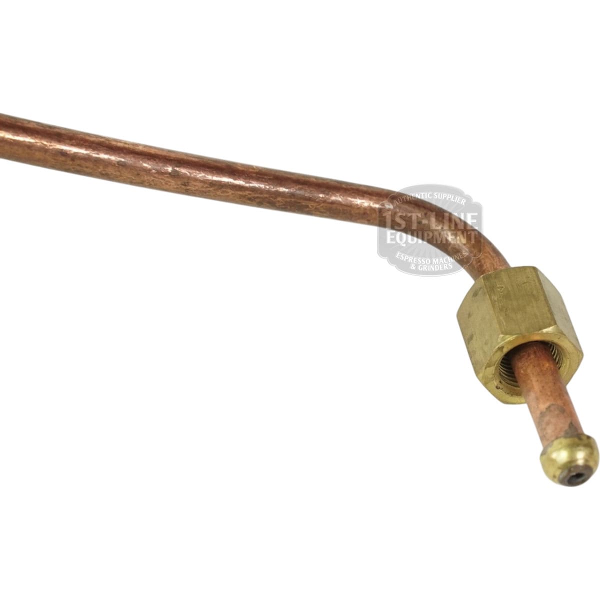 Close-up of the Lelit 2100023 Bianca Coffee Boiler Charge Tube, featuring a bent copper design with a hexagonal brass fitting, compatible with Bianca machines, isolated on a white background. © 2025 1st-line.com