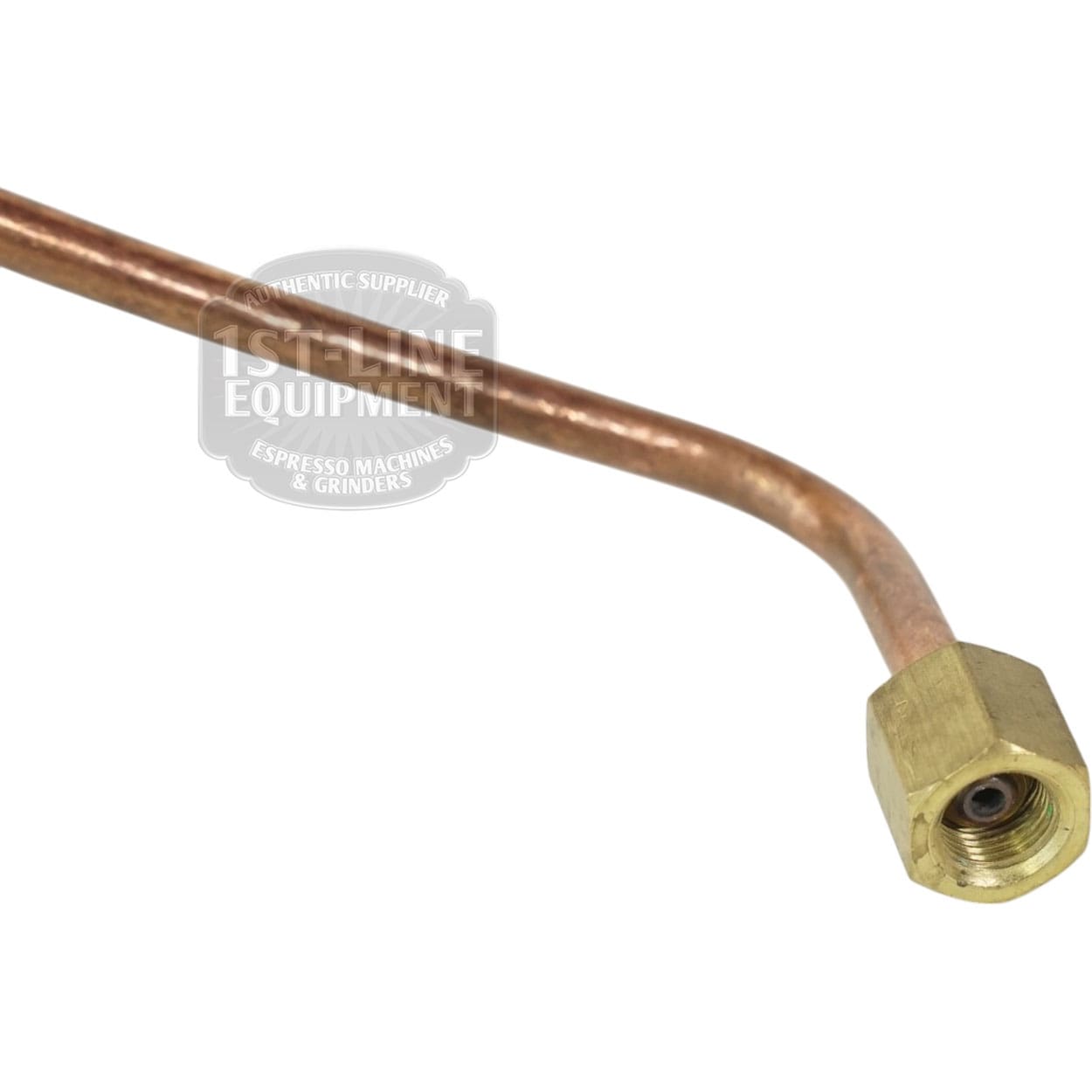 Close-up of the Lelit 2100023 Bianca Coffee Boiler Charge Tube, featuring a copper 90-degree bend and brass hex fitting—designed for Lelit Bianca boiler systems, isolated on a white background. © 2025 1st-line.com