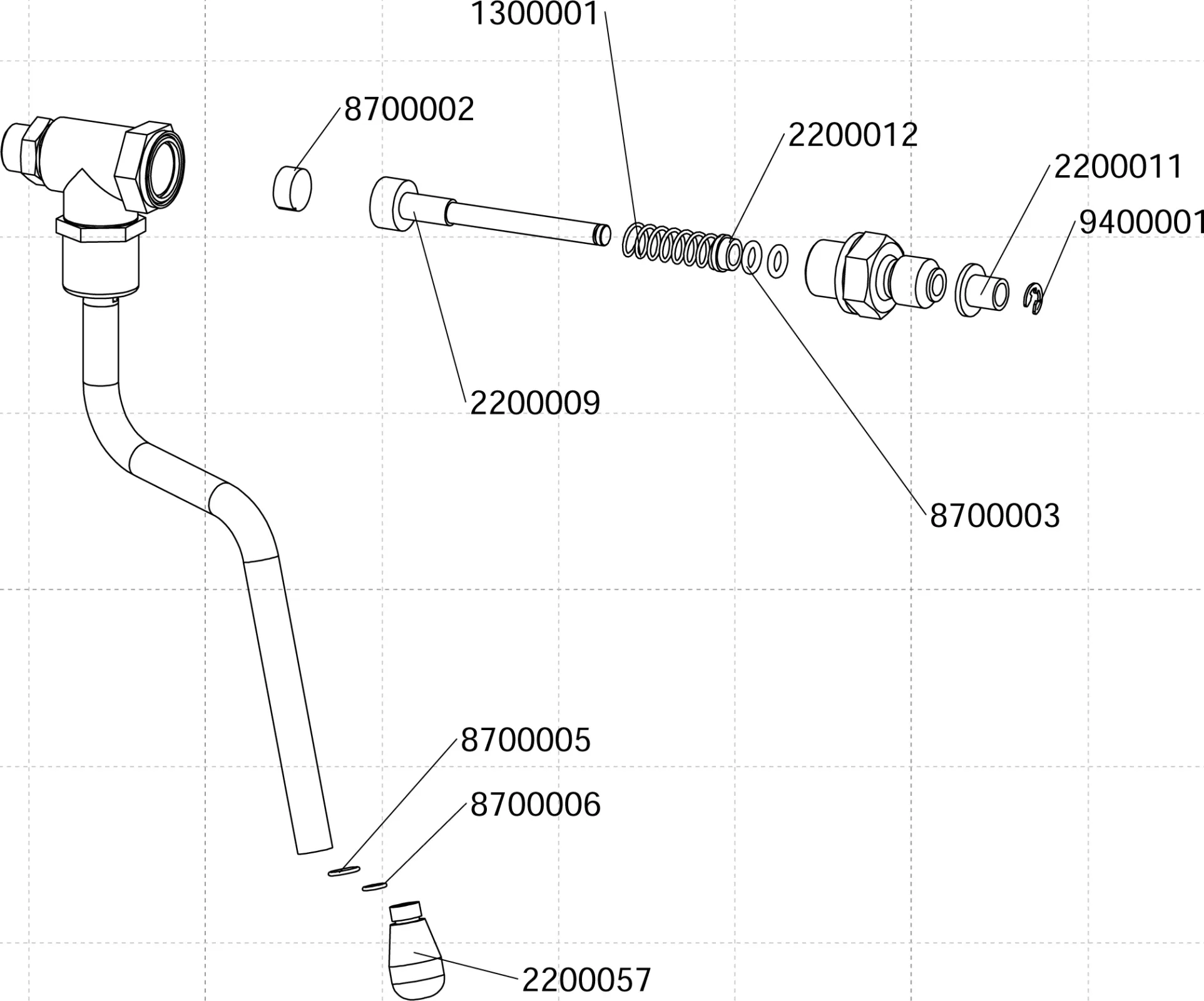 Exploded parts diagram of a Mara mechanical assembly, featuring labeled components such as pipes, connectors, a spring, washers, and fittings—ideal for identifying Lelit PL62 replacement parts with numbered references like 1300001 or 8700002.