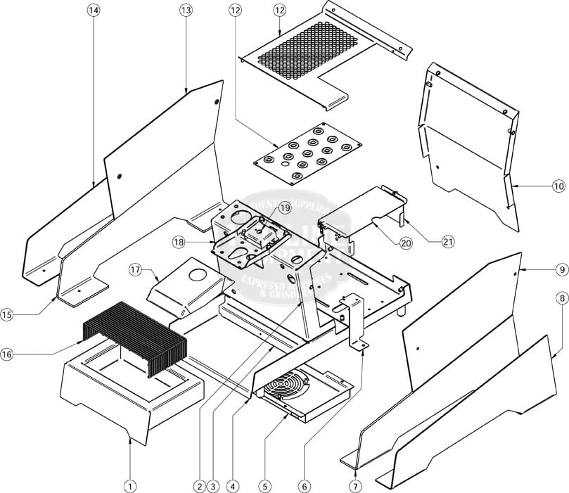 Exploded parts diagram of the Nurri R-Type, showing numbered panels, circuit board, cooling fan, heat sink, and screws spread out and labeled for easy assembly. © 2025 1st-line.com
