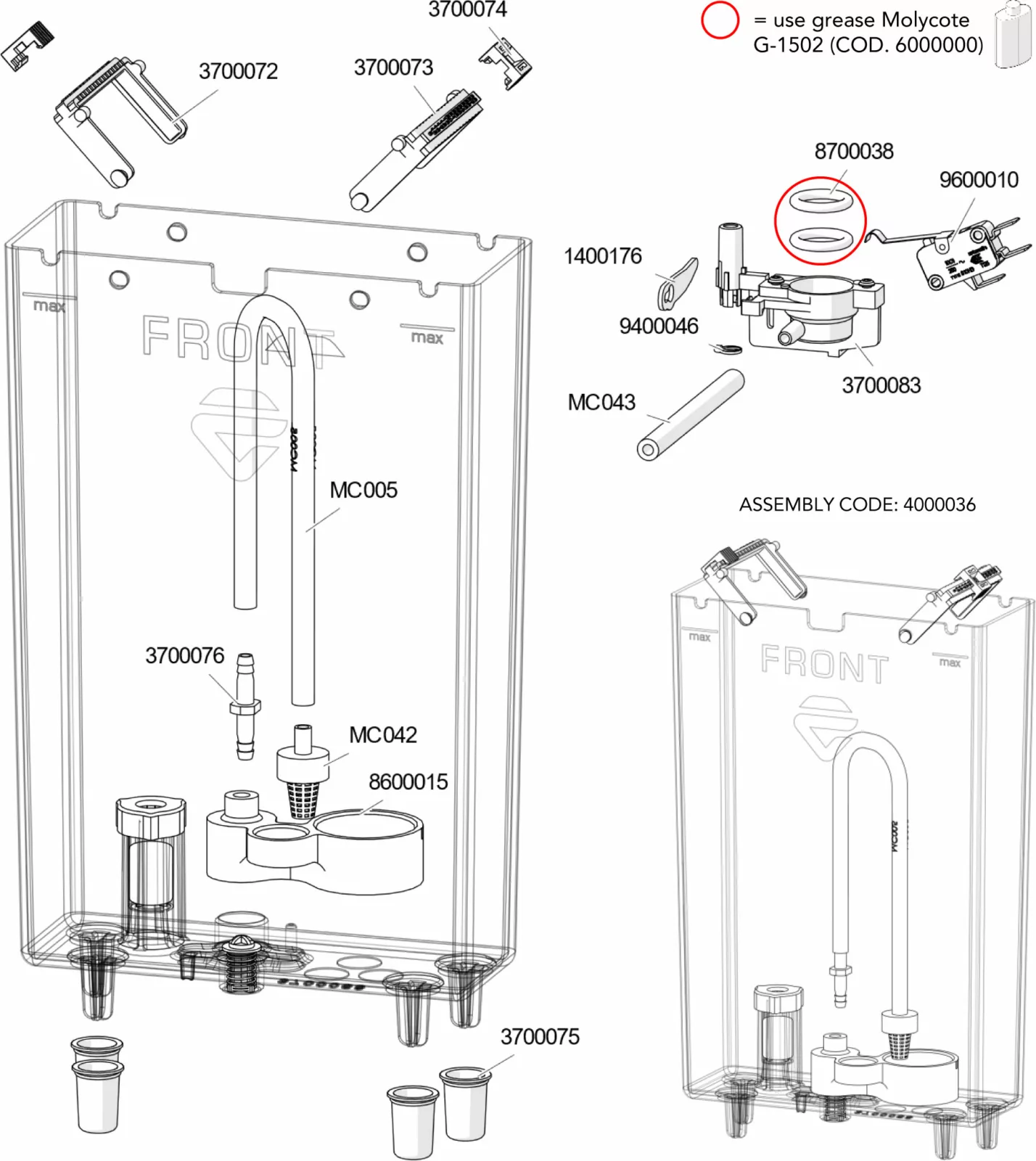 Exploded technical parts diagram of a Mara Lelit PL62X toilet cistern, with labeled gaskets, valves, pipes, and connectors. Some components are circled for emphasis; grease application is noted in the upper right.