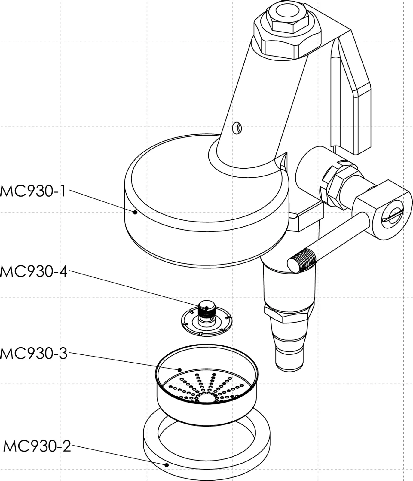 Exploded technical Parts Diagram of a mechanical component, similar to those found in the Lelit PL62 Mara, with four labeled parts: MC930-1 (main body), MC930-4 (small top part), MC930-3 (disc with central bolt), and MC930-2 (circular ring at the bottom).