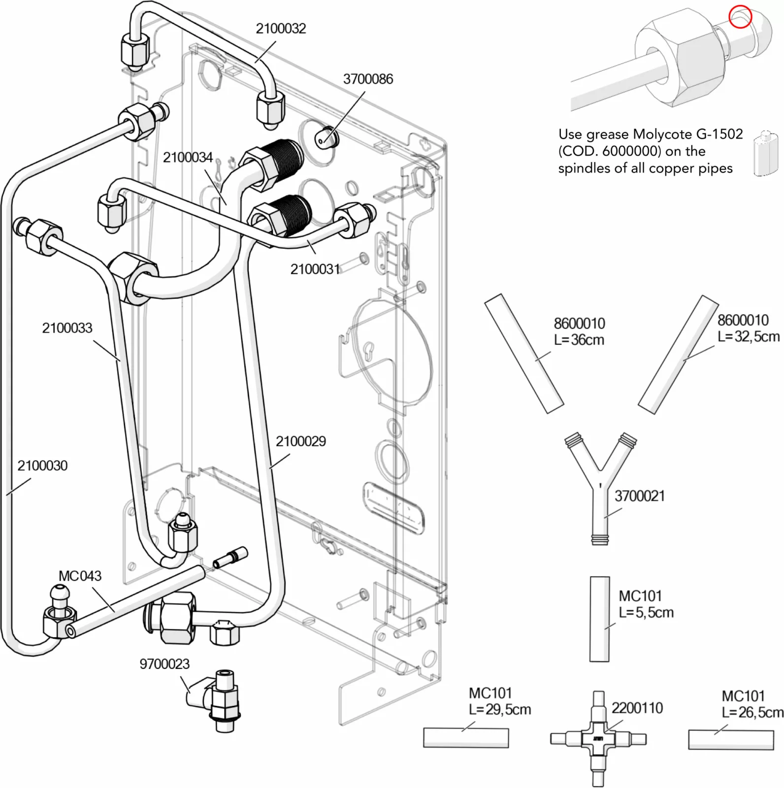 Exploded technical Parts Diagram of a metal frame assembly for the Lelit PL62X with labeled copper pipes, connectors, and fittings. A small inset shows grease application on a Mara pipe spindle. Each component is numbered for reference.
