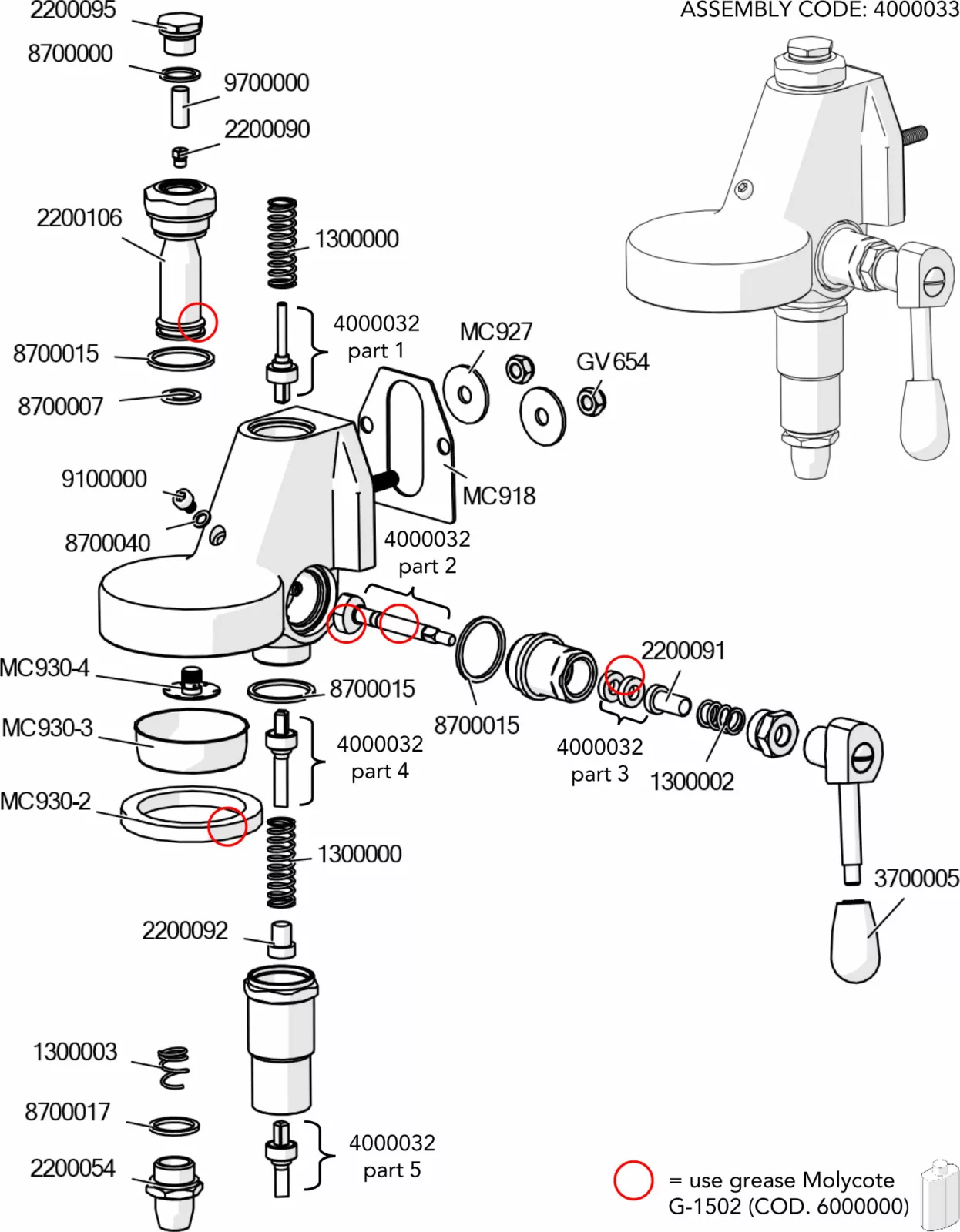 Exploded technical parts diagram of the Mara Lelit PL62X faucet assembly, showing all internal components labeled with part numbers; red circles indicate where to apply G-1502 lubricant. Grease tube is shown at lower right.