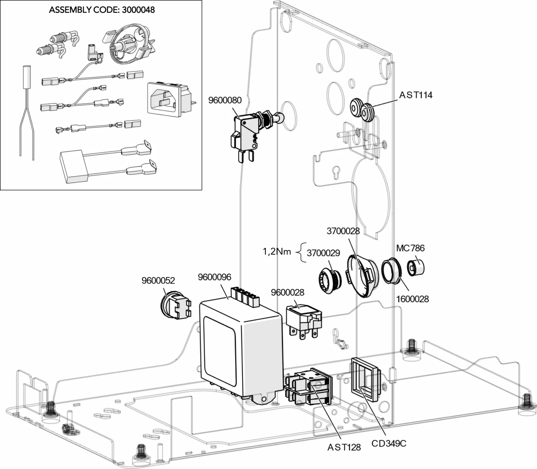 Exploded technical Parts Diagram showing electronic and mechanical components, connectors, and fasteners for assembly code 3000048 of the Lelit PL62X Mara, with part numbers and labels. Inset displays close-ups of select parts on a transparent frame.