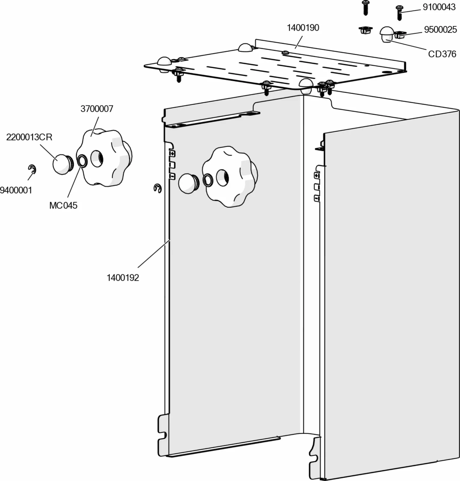 Exploded view parts diagram of a Mara Lelit PL62X metal enclosure, detailing individual components: side panels, top cover, two knobs, screws, and labeled part numbers for assembly.