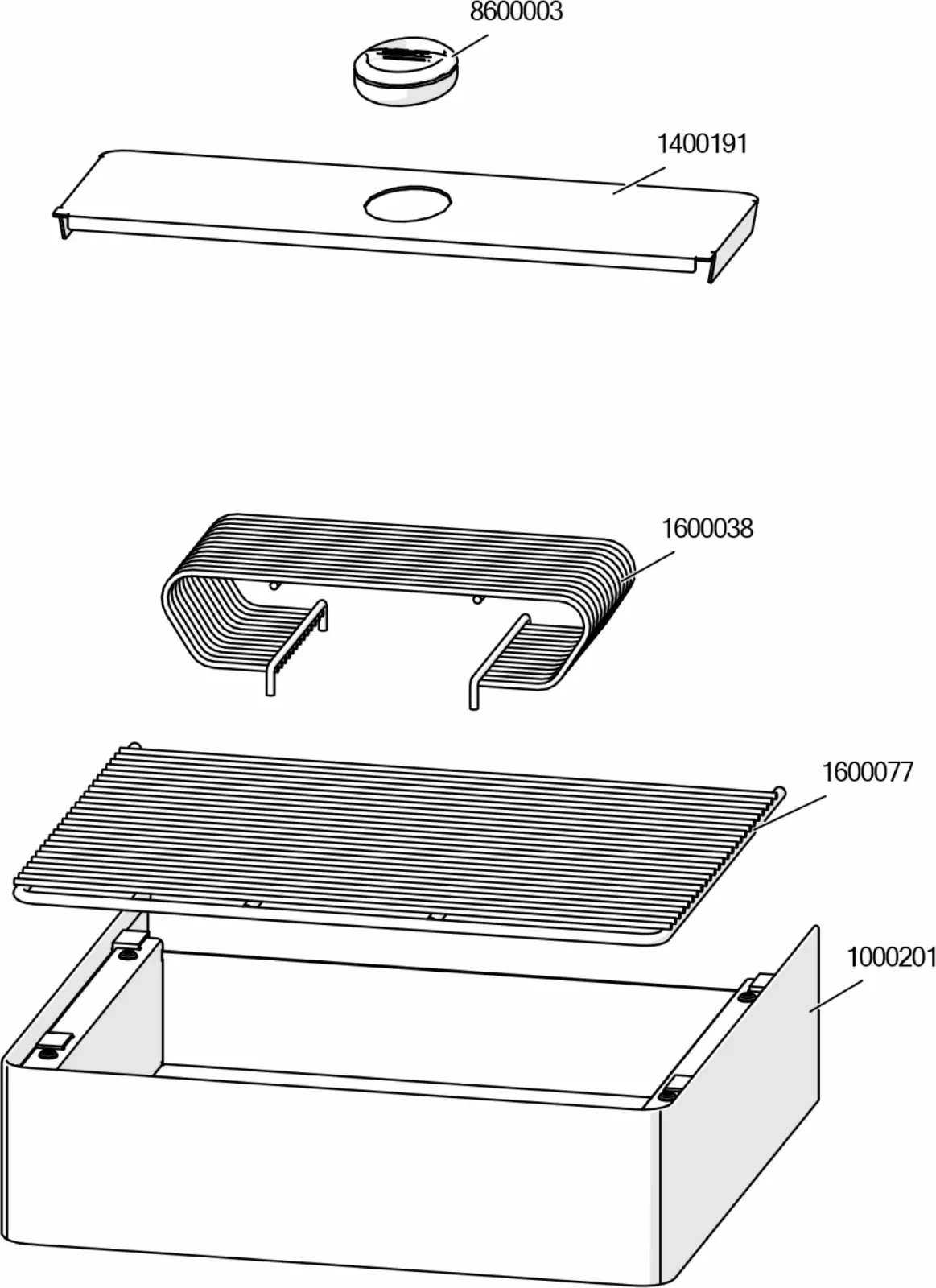 Exploded view parts diagram of the Lelit PL62X Mara, showing labeled components: a round component (8600003), flat cover (1400191), curved grill (1600038), straight grill (1600077), and rectangular base (1000201).