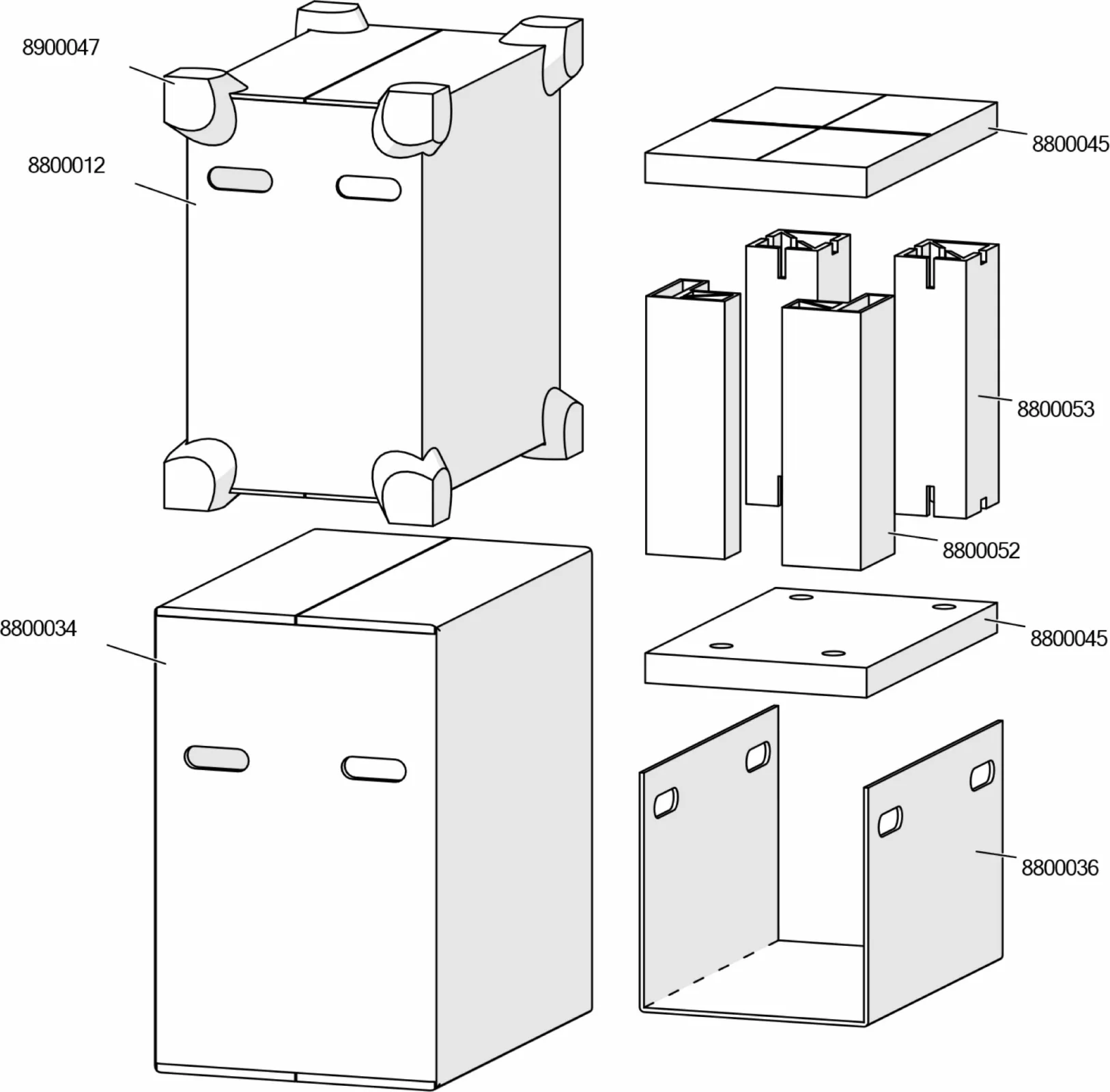 Line drawing Parts Diagram showing exploded and assembled views of a box-like structure with labeled parts: four corner posts, a base, a lid, and side panels. Each part has a unique reference number, similar to the Mara Lelit PL62X layout.