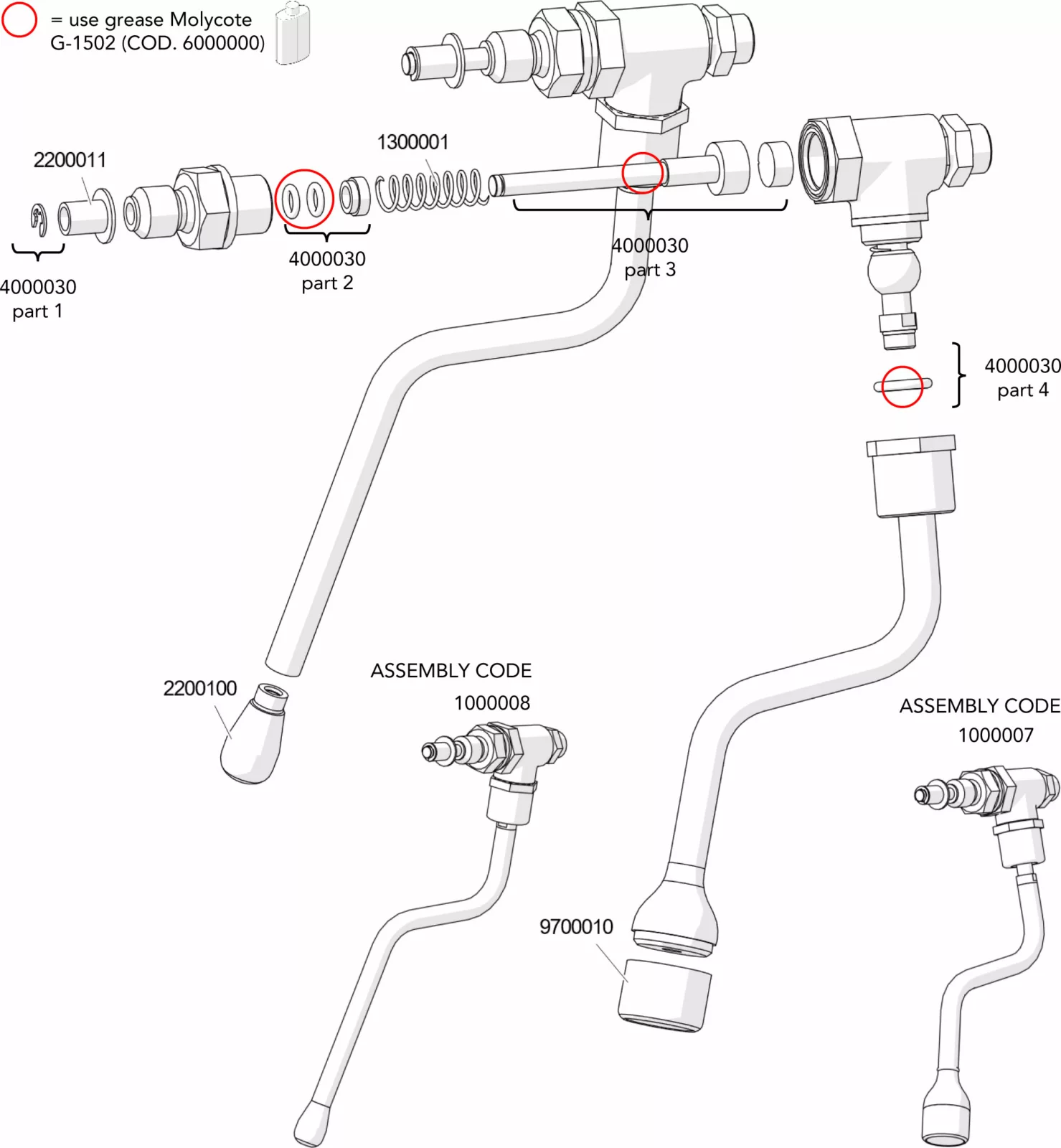 Technical diagram showing an exploded view of a Lelit PL62X Mara faucet handle assembly, with labeled parts and codes, and red circles indicating where to apply Molykote G-1502 grease on specific components.