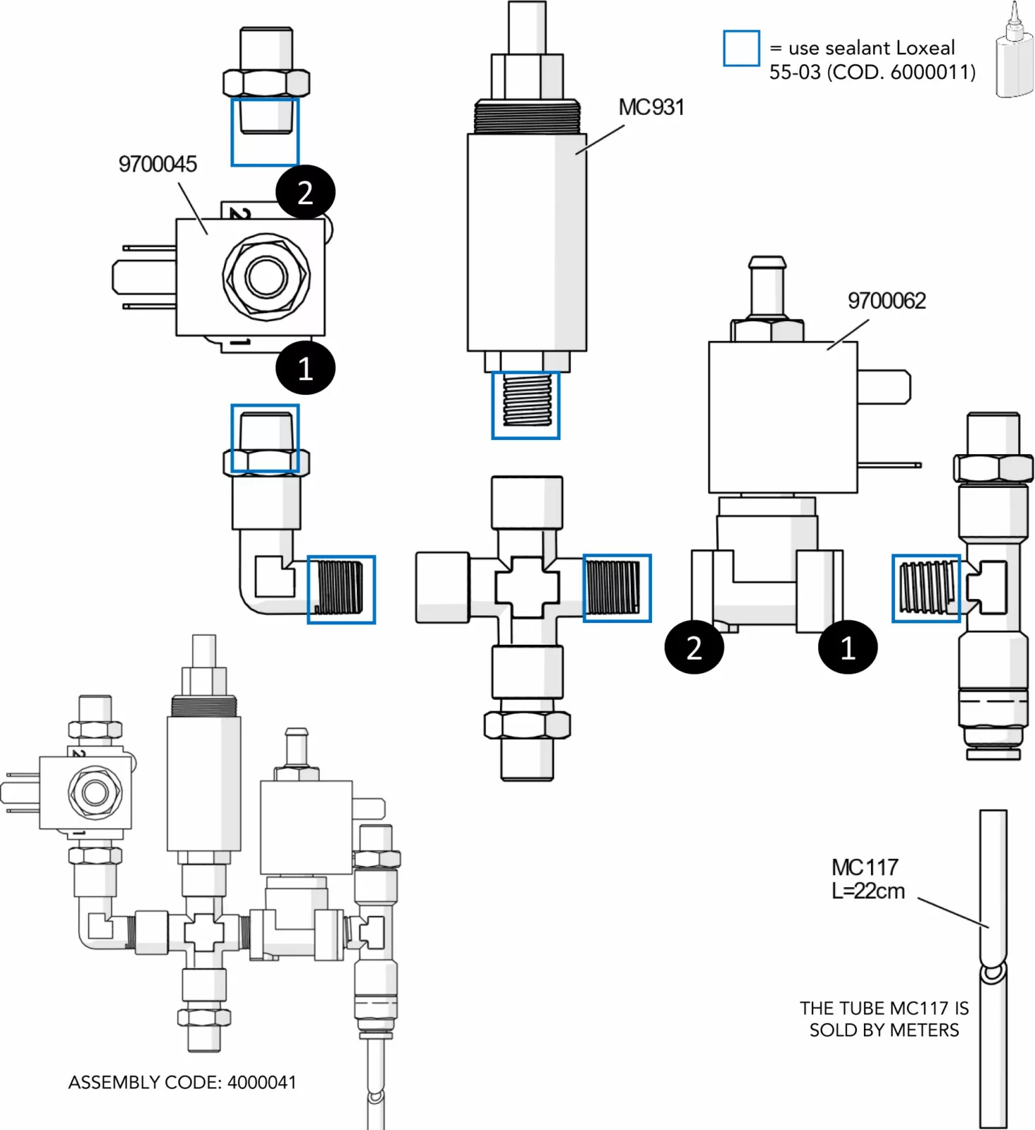 Technical parts diagram for Mara valve assembly (Lelit PL62X), showing multiple views and components, labeled with part numbers, connector points highlighted by circles, plus assembly codes and instructions for sealant and tube length.