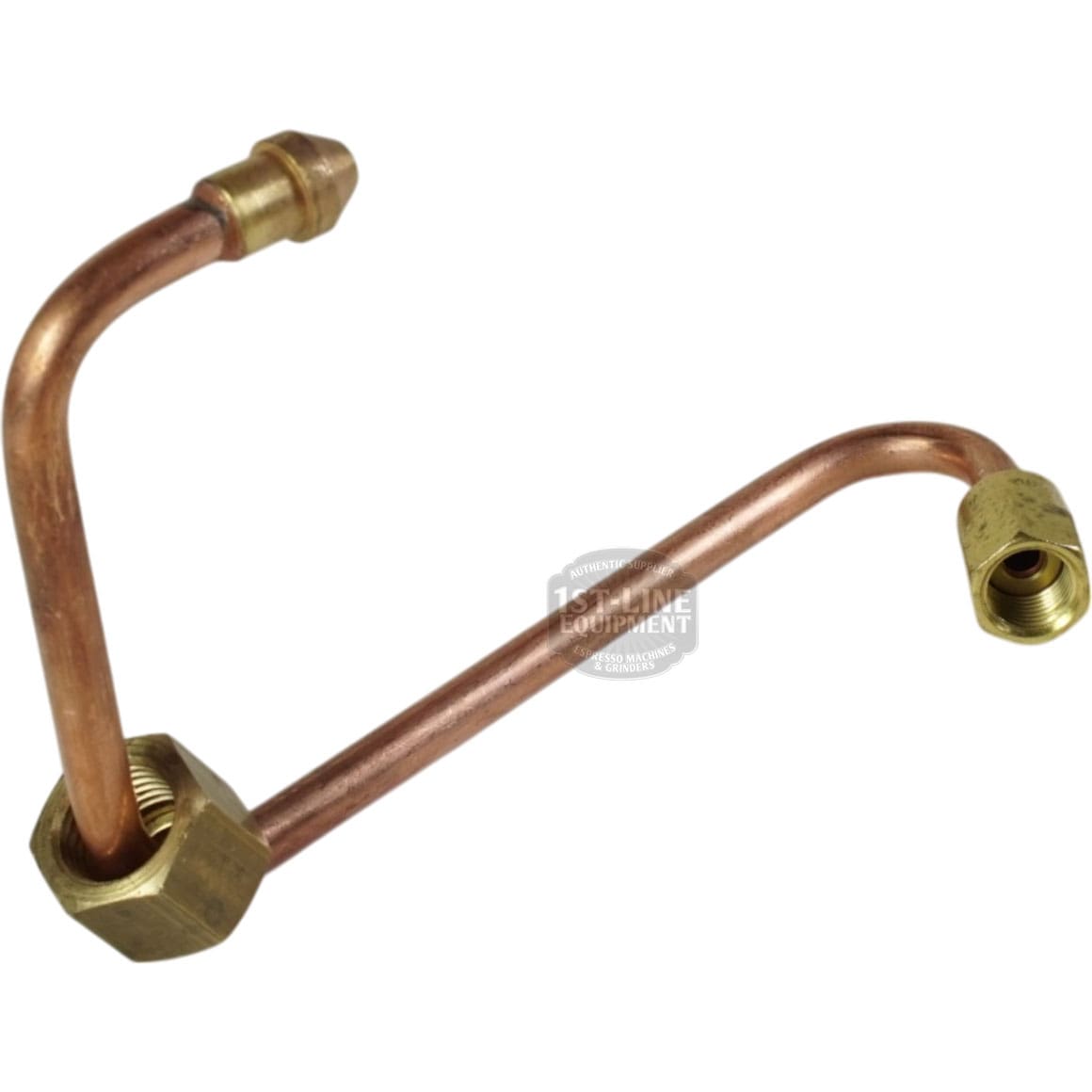 The Bezzera 5162203.02LL Pressurestat Pipe for BZ07 features a bent copper design with brass fittings—one straight, one angled—ideal for Bezzera BZ07 machines and shown against a white background. © 2025 1st-line.com