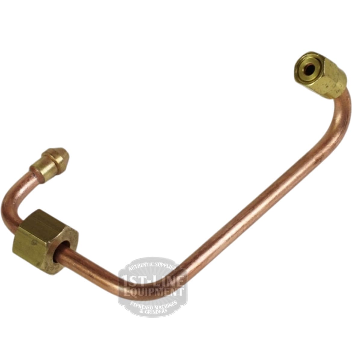 The Bezzera 5162203.02LL Pressurestat Pipe for BZ07 is a bent copper tube with brass fittings on both ends and an additional side fitting, designed as a connector or tubing component in BZ07 machines. © 2025 1st-line.com