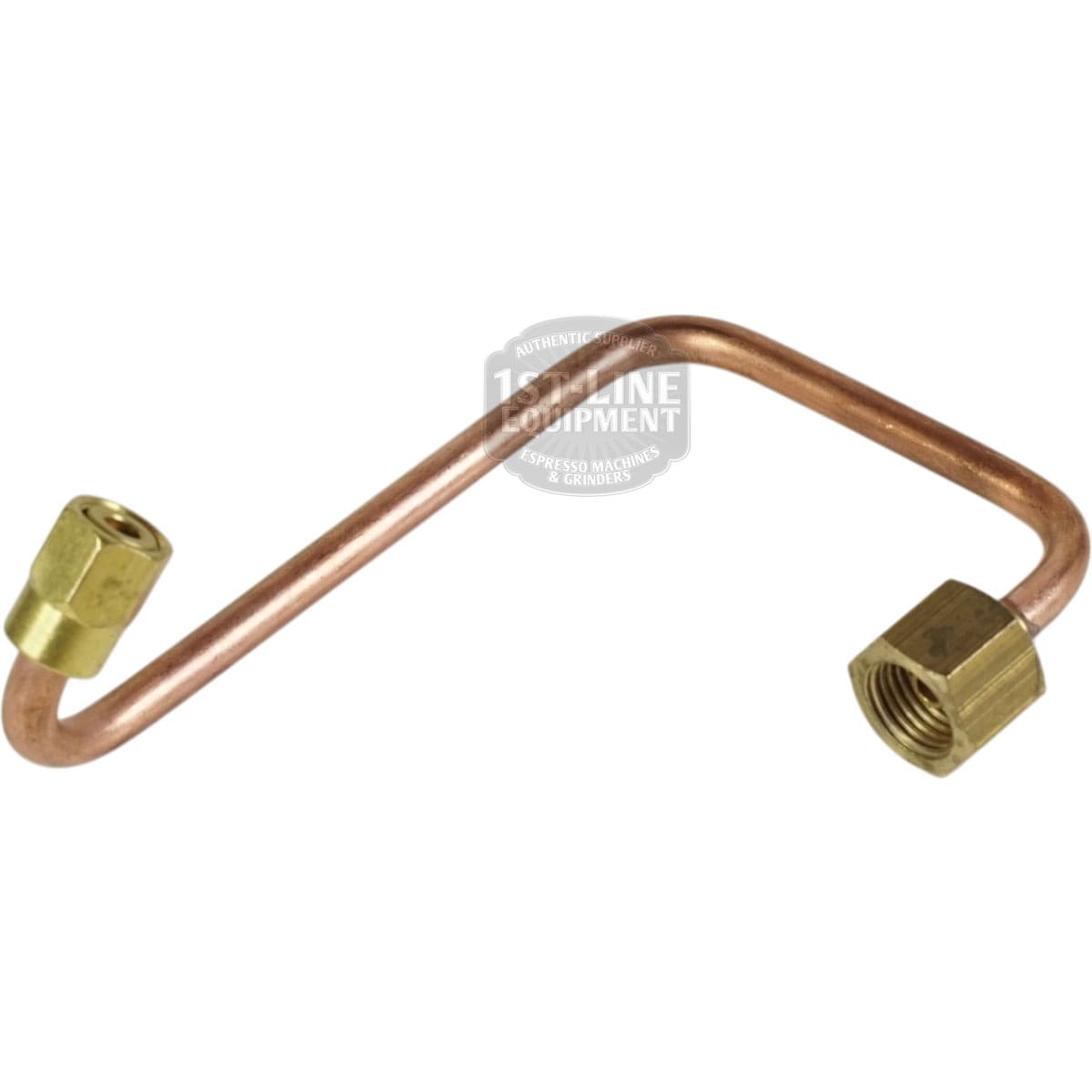 The Bezzera 5162203.02LL Pressurestat Pipe for BZ07 is a copper pipe with brass fittings, bent at sharp angles to serve as a connector or tubing for plumbing or machinery. © 2025 1st-line.com