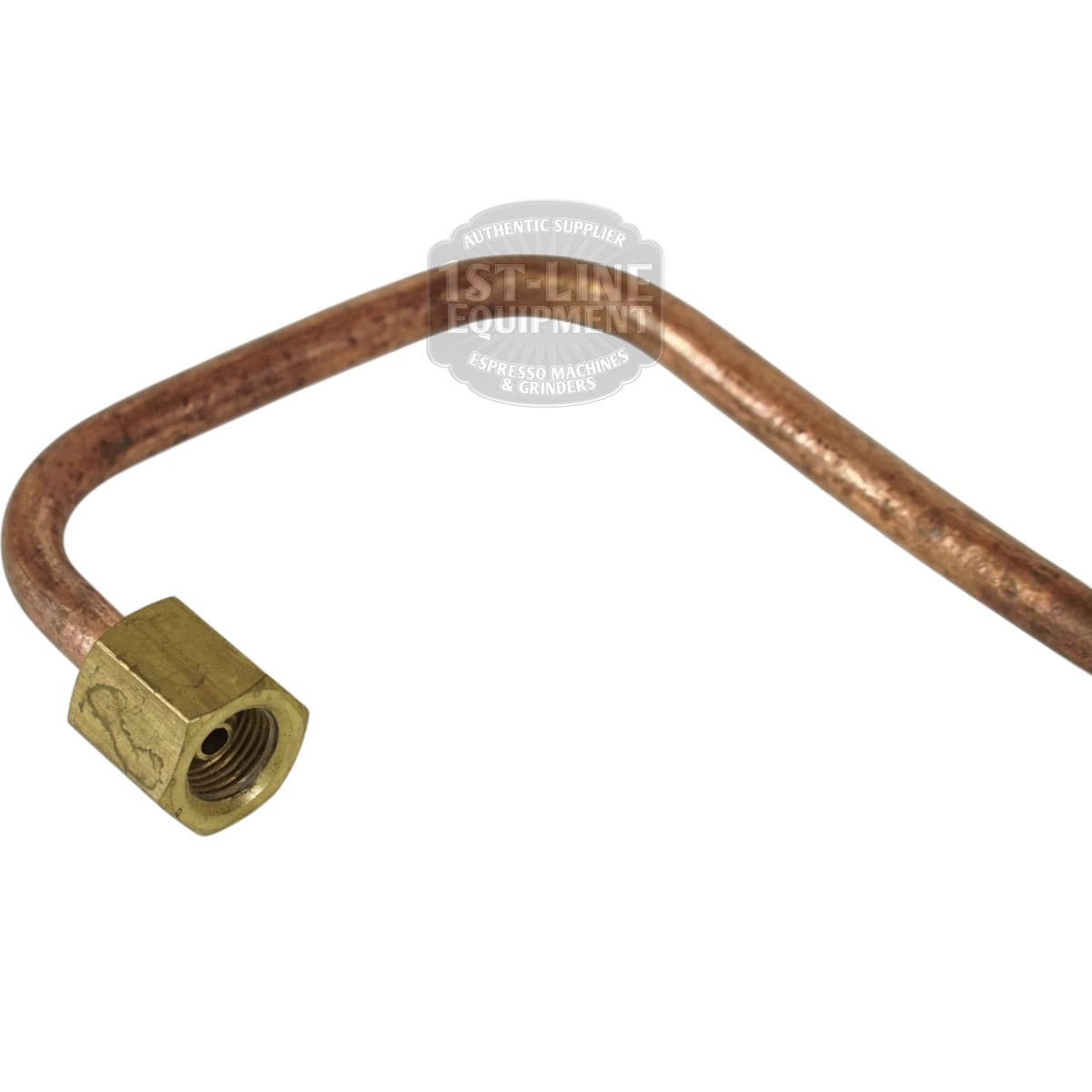 The Lelit 2100023 Bianca Coffee Boiler Charge Tube features a 90-degree copper bend and a brass hex nut fitting on one end, designed for Lelit Bianca Coffee machines, shown against a white background. © 2025 1st-line.com