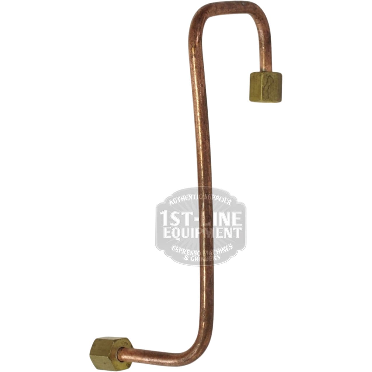 The Lelit 2100023 Bianca Coffee Boiler Charge Tube features a curved copper tube with brass fittings at both ends, shown on a white background. The tube has one sharp and one rounded bend, creating a distinctive zigzag shape. © 2025 1st-line.com