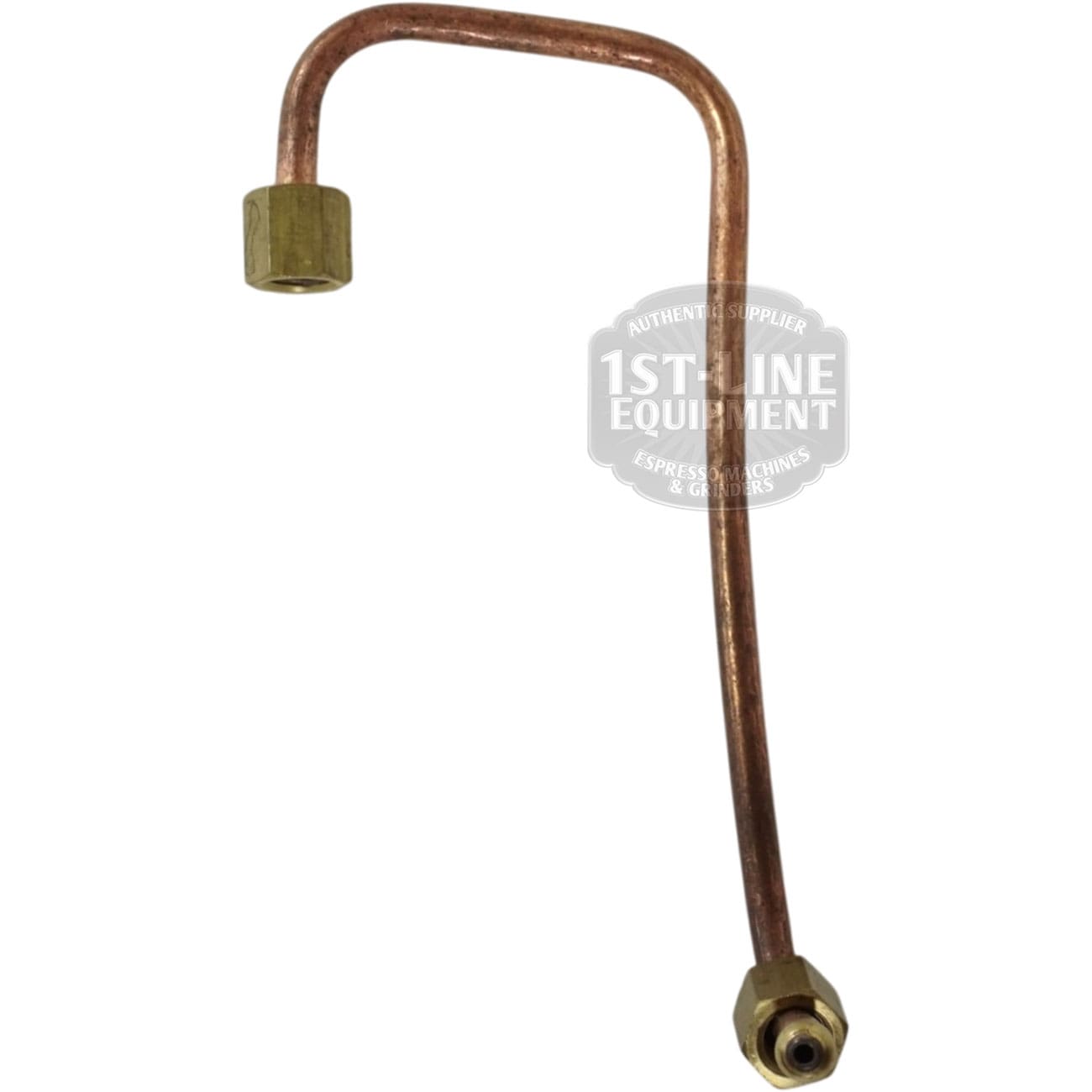 The Lelit 2100023 Bianca Coffee Boiler Charge Tube features brass fittings on both ends and is designed for coffee boiler connections on the Lelit Bianca espresso machine. The pipe is shown with a 1st-Line Equipment background. © 2025 1st-line.com