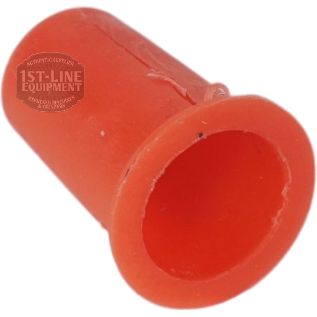 The Lelit 3700075R Water Tank Guide Cup is a small, red, hollow cylindrical rubber part with a flared end, shown against a white background. © 2025 1st-line.com