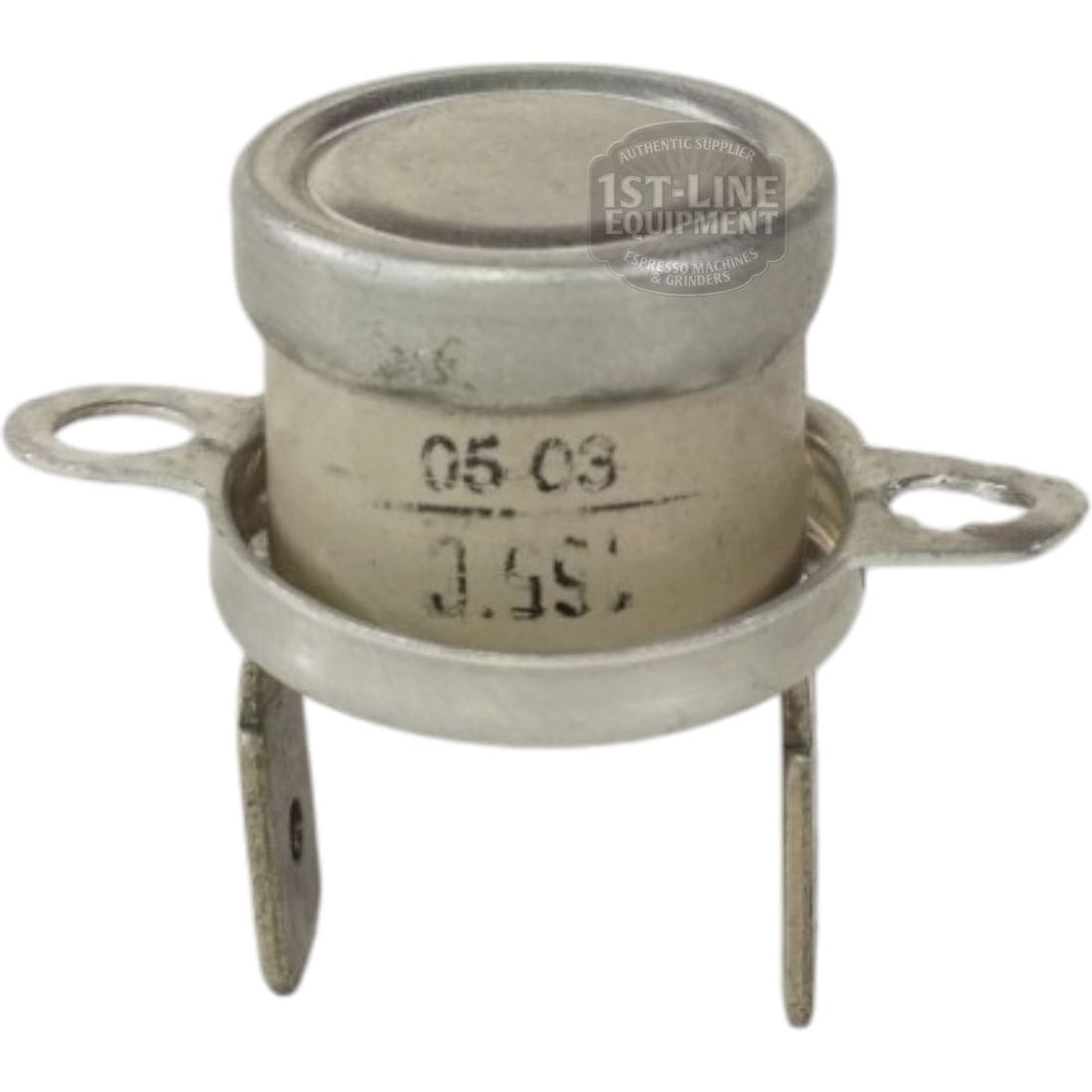 The Thermostat 165 Degree C is a cylindrical metal switch with two flat mounting tabs and two electrical terminals at the base, designed for 165°C temperature control and marked with stamped numbers and letters on its body. © 2025 1st-line.com