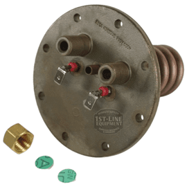 The Elektra 04.05266.00.42 is a round brass flanged heating element for Microcasa 110V, featuring two electrical terminals, a coiled copper tube, brass nut, and two green-labeled tags on a white background. © 2025 1st-line.com
