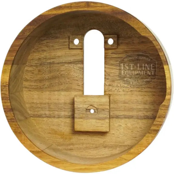 The Rocket M099906743 Epica Grouphead Wood Cover is a round, smooth-finish wooden wall mount with a keyhole slot and small block—perfect as a stylish accessory for Rocket Epica grouphead installations. © 2025 1st-line.com