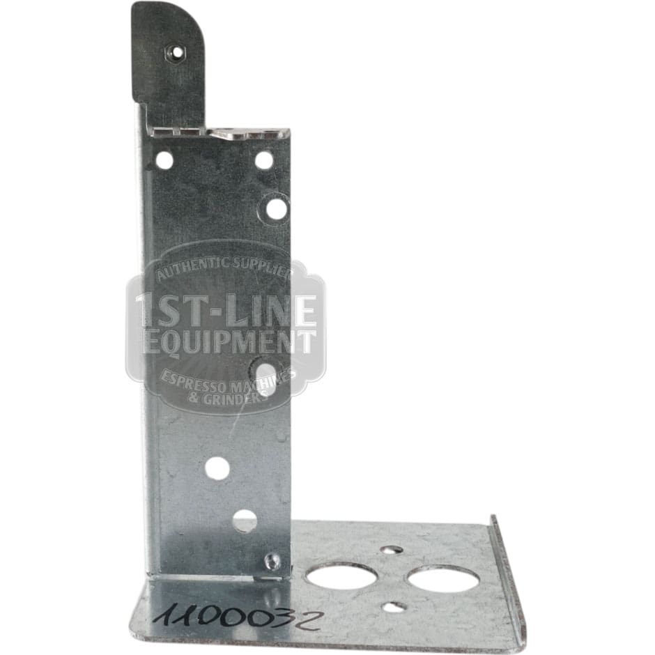 An upright L-shaped metal bracket with several circular holes and slots, labeled "Lelit 1100032 Bianca Steam Boiler Support," is shown on a flat surface. It's commonly used as a support in Lelit Bianca machines.