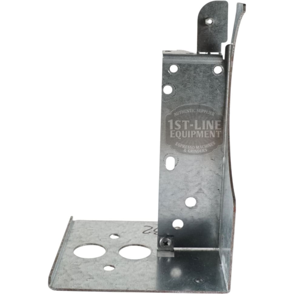 The Lelit 1100032 Bianca Steam Boiler Support is a metal bracket with multiple hole sizes, standing upright at a right angle. It features the 1st-Line Equipment logo on the vertical side.