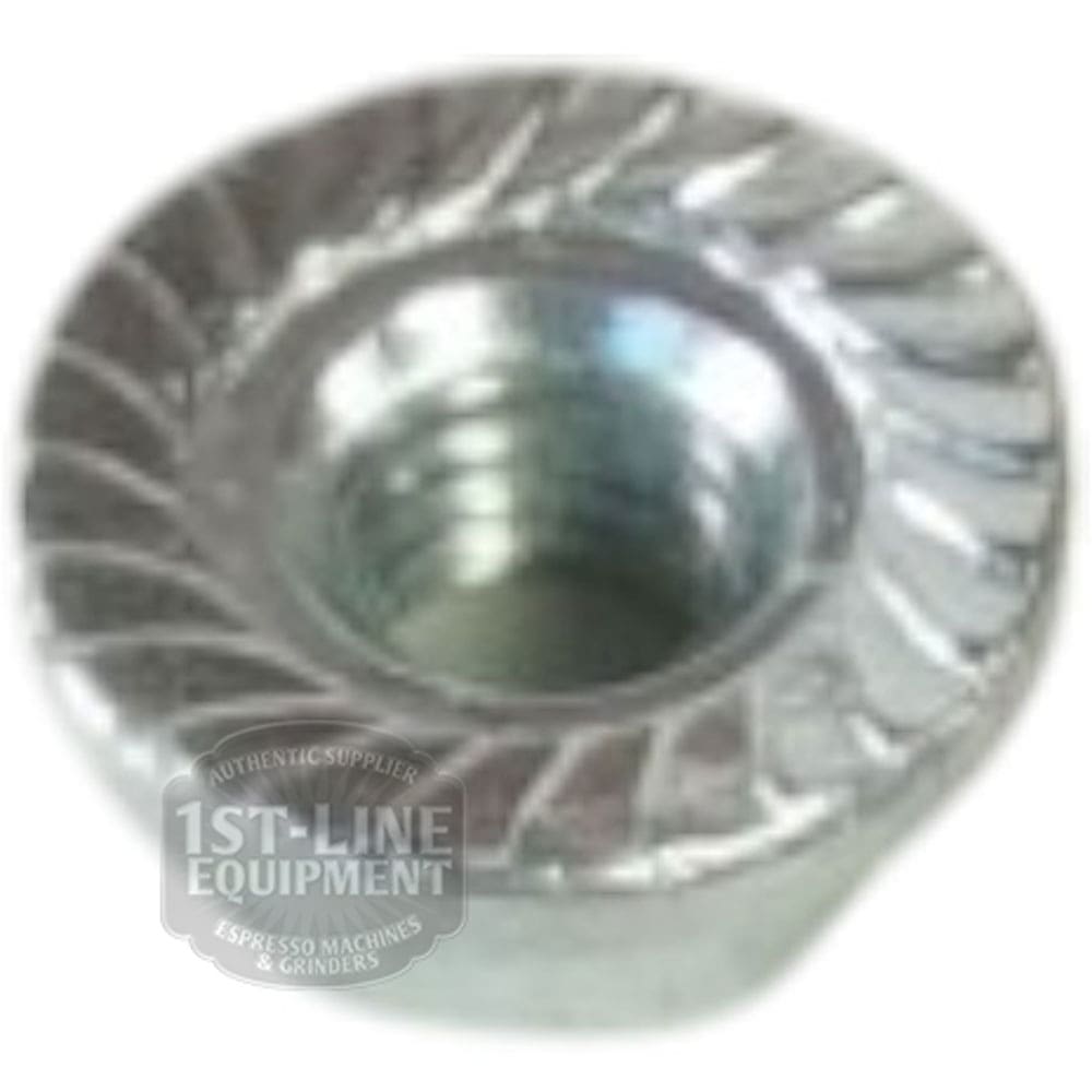 A close-up of a Lelit 9200012 Stainless Steel Nut M3 with a serrated spiral flange base. The 1st-Line Equipment logo appears in the lower-left corner, showing its compatibility with Lelit machines. © 2025 1st-line.com