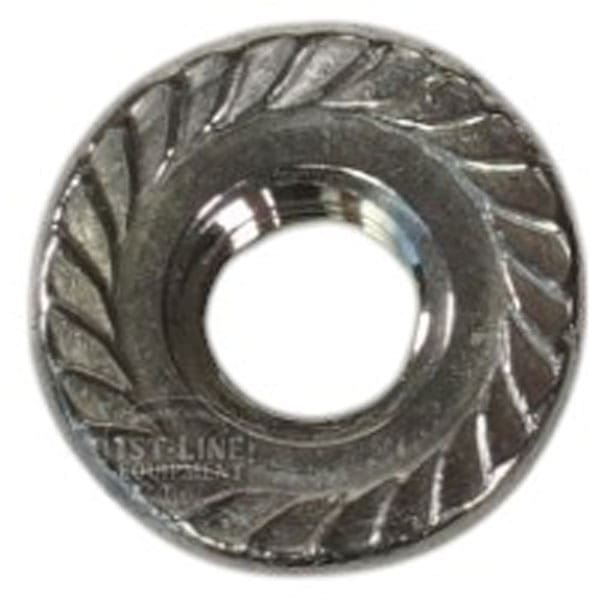 A close-up of a metal lock washer, circular with jagged inner edges and a textured outer rim, designed to fit the Lelit 9200019 Stainless Steel Nut M6 used in Lelit espresso machines. © 2025 1st-line.com
