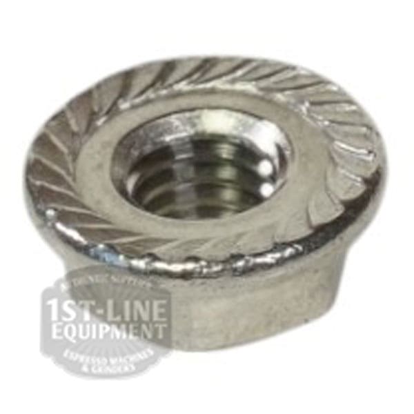 A close-up of the Lelit 9200019 Stainless Steel Nut M6 with a serrated flange, shown at an angle against a white background. The 1st-Line Equipment logo appears partially in the lower left corner. © 2025 1st-line.com