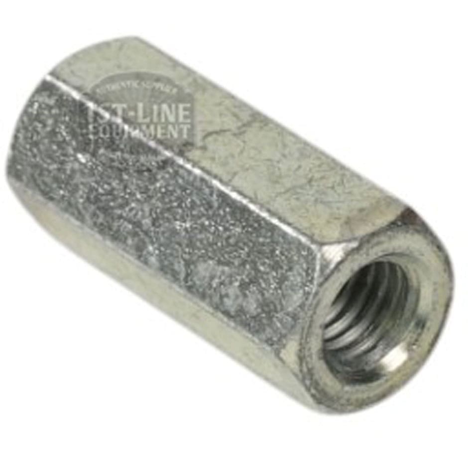 A close-up of the Lelit CD624 Boiler Fixing Spacer, a metallic hexagonal coupling nut with internal threading for joining rods. Its slightly textured, reflective surface highlights its durable construction. © 2025 1st-line.com