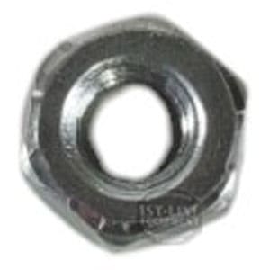 A close-up of the Lelit GV025-23 Nut 4MA, a silver hex nut with a central hole and slightly irregular edge, designed for fastening bolts or screws in Lelit machines. © 2025 1st-line.com