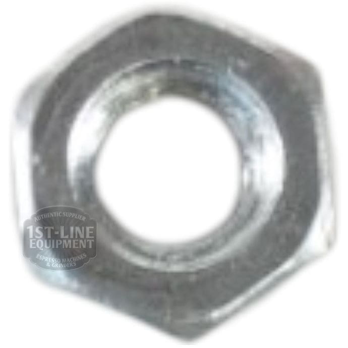 A close-up of the Lelit GV025-23 Nut 4MA shows its shiny silver finish and central circular hole. The lower left features a partial 1st-Line Equipment watermark. This nut is compatible with Lelit GV025-23 machines. © 2025 1st-line.com