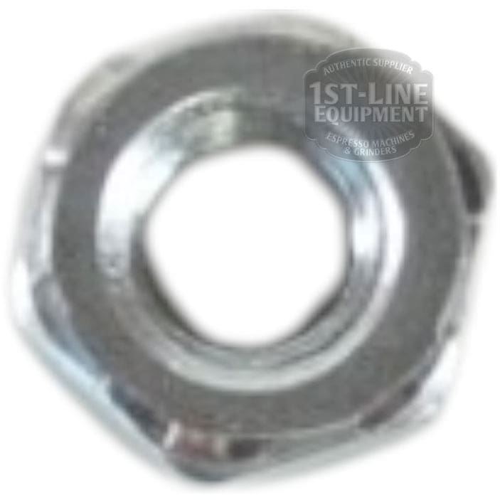 A close-up shows the Lelit GV025-23 Nut 4MA with a central threaded hole, photographed from above. The partially visible 1st-Line Equipment logo appears in the upper right, highlighting this essential Lelit part. © 2025 1st-line.com
