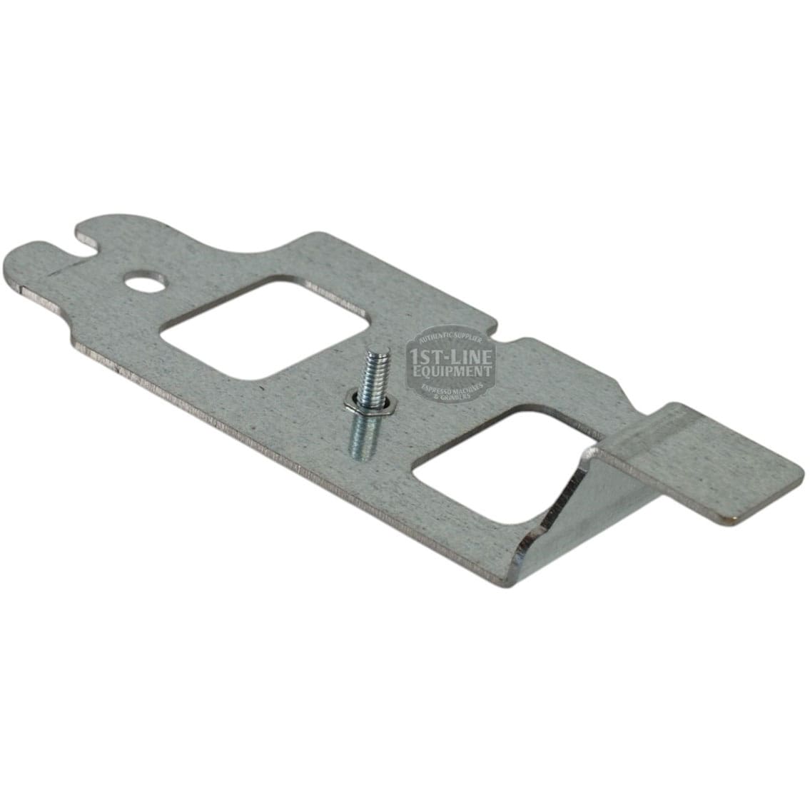 A flat, rectangular metal bracket with cut-outs, a bent tab at one end, a central screw, and a hook-shaped cut at the other; it’s the Lelit 1100031 LCC Support Plaque. © 2025 1st-line.com