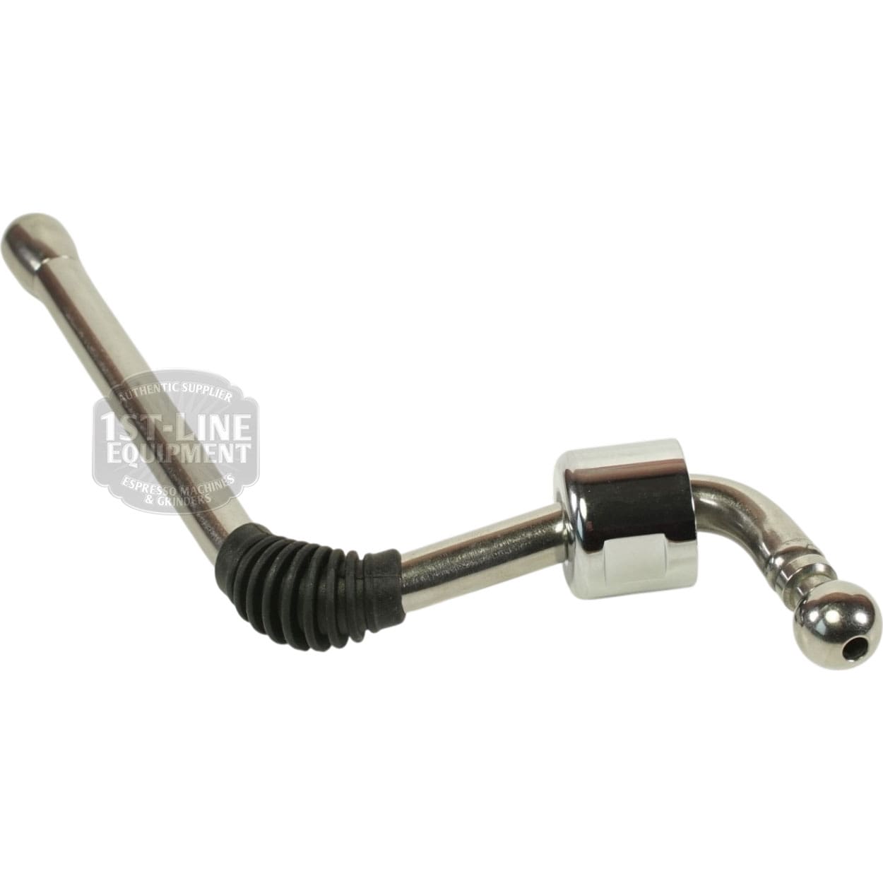 A shiny metal banjo bolt—part of the Elektra 06319039 Steam Valve Wand Assembly—has a 90-degree angle and a ribbed black rubber section around the shaft, displayed on a white background. © 2025 1st-line.com